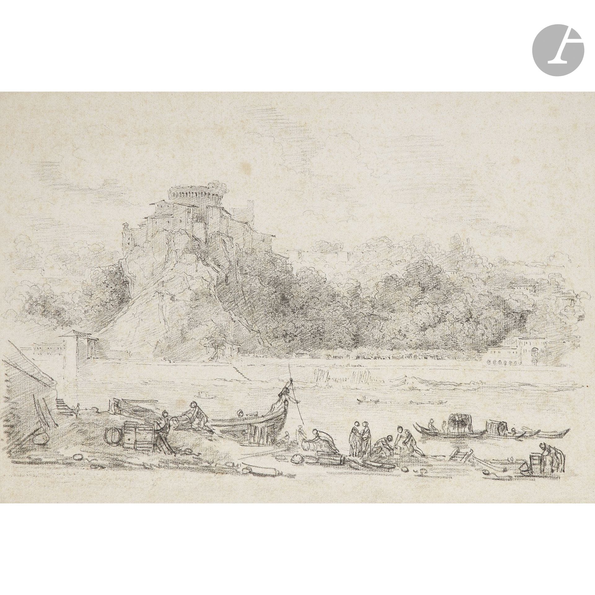 Jean-Honoré FRAGONARD (Grasse 1732 – Paris 1806)
Presumed view of the Château de Beaucaire from the banks of the Rhône
Black pencil on beige paper.
Annotated “Fragonard” on the mat.
(Slightly sun-faded, small spots).
19.2 x 27.2 cm

We can date this drawing to the year 1761, the year in which Fragonard began his return journey from Rome to Paris in the company of the Abbé de Saint-Non. Claude Richard (1727–1791), known as the Abbé de Saint-Non, was an amateur artist, draftsman, and engraver who befriended Hubert Robert and Jean-Honoré Fragonard in Rome. As a patron and protector of the young artist, the Abbé took Fragonard on trips throughout Italy to sketch the Villa d’Este and Tivoli as early as 1760. In 1761, he invited Fragonard to accompany him on his return journey to Paris. Fragonard then produced numerous sketches in black chalk of the sites and landscapes they visited. The travelers passed through Toulon, Marseille, Aix-en-Provence, Saint-Rémy, and Nîmes, where Fragonard sketched the Maison Carrée in September 1761. Beaucaire is located on the road leading from Saint-Rémy-de-Provence to Nîmes.