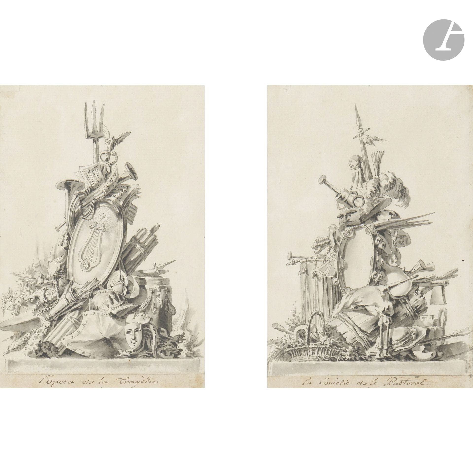 Jean-Charles DELAFOSSE 
(Paris 1734–1789) 
“Opera and Tragedy” and “Comedy and Pastoral”
Pen, black ink, and gray wash. 
(Glued flat; handwritten title in the margin; tear in the upper-left corner of one and along the right edge of the other).
In the same frame. 
Dimensions of each: 16.5 x 12 cm.