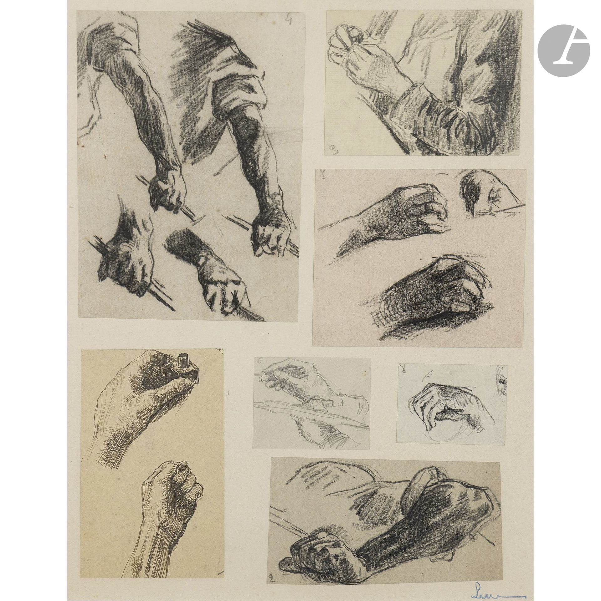 Maximilien LUCE (1858–1941)
Studies of Hands
Seven drawings in charcoal, graphite, and ink in a single frame.
Signed lower right on the sheet.
42 x 33 cm