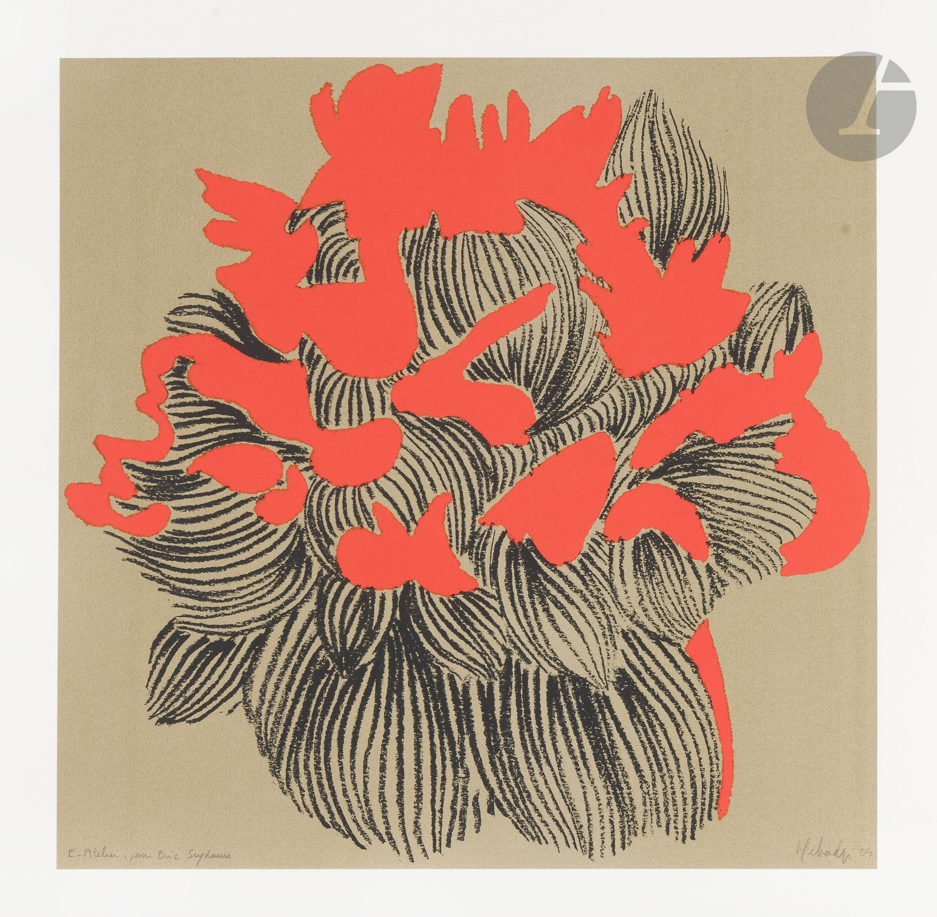 Najia MEHADJI (born in 1950)
Peony, 2007
Silkscreen print.
Print on Rives BFK vellum, signed, dated, marked “E.Atelier,” and inscribed “For Eric Seydoux.” Edition of 99 copies.
52.5 x 52 cm