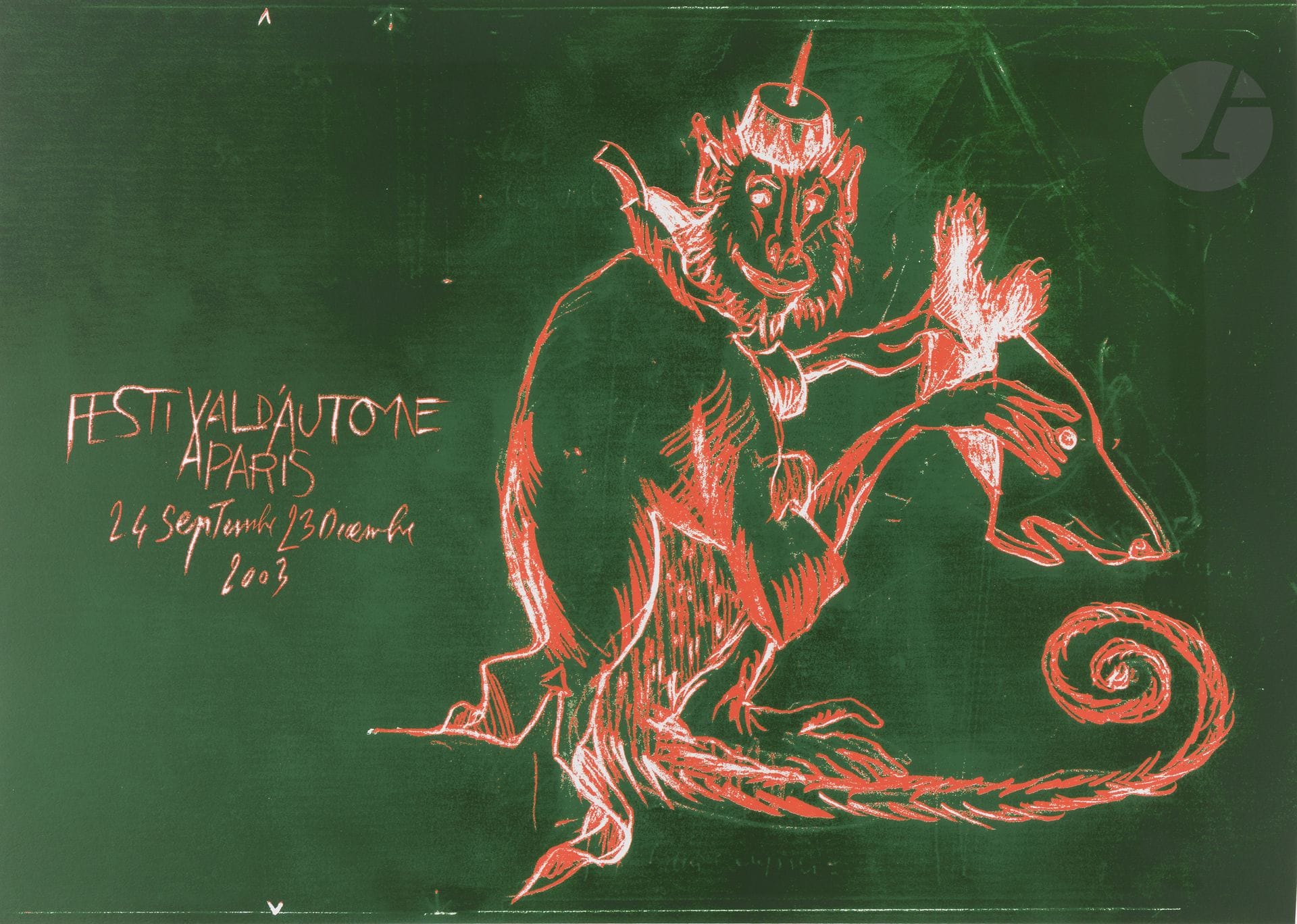 Gérard GAROUSTE (né en 1946)
Singe - Festival d’automne à Paris, 2003
Sérigraphie.
Épreuve sur vélin BFK de Rives. Édition à 200 exemplaires non signés.
56 x 75,5 cm

Bibliographie : 
Collectif, Dans l’atelier d’Éric Seydoux. Imprimeur et éditeur en sérigraphie, Éditions Naima, Paris, 2025, reproduite p. 215.