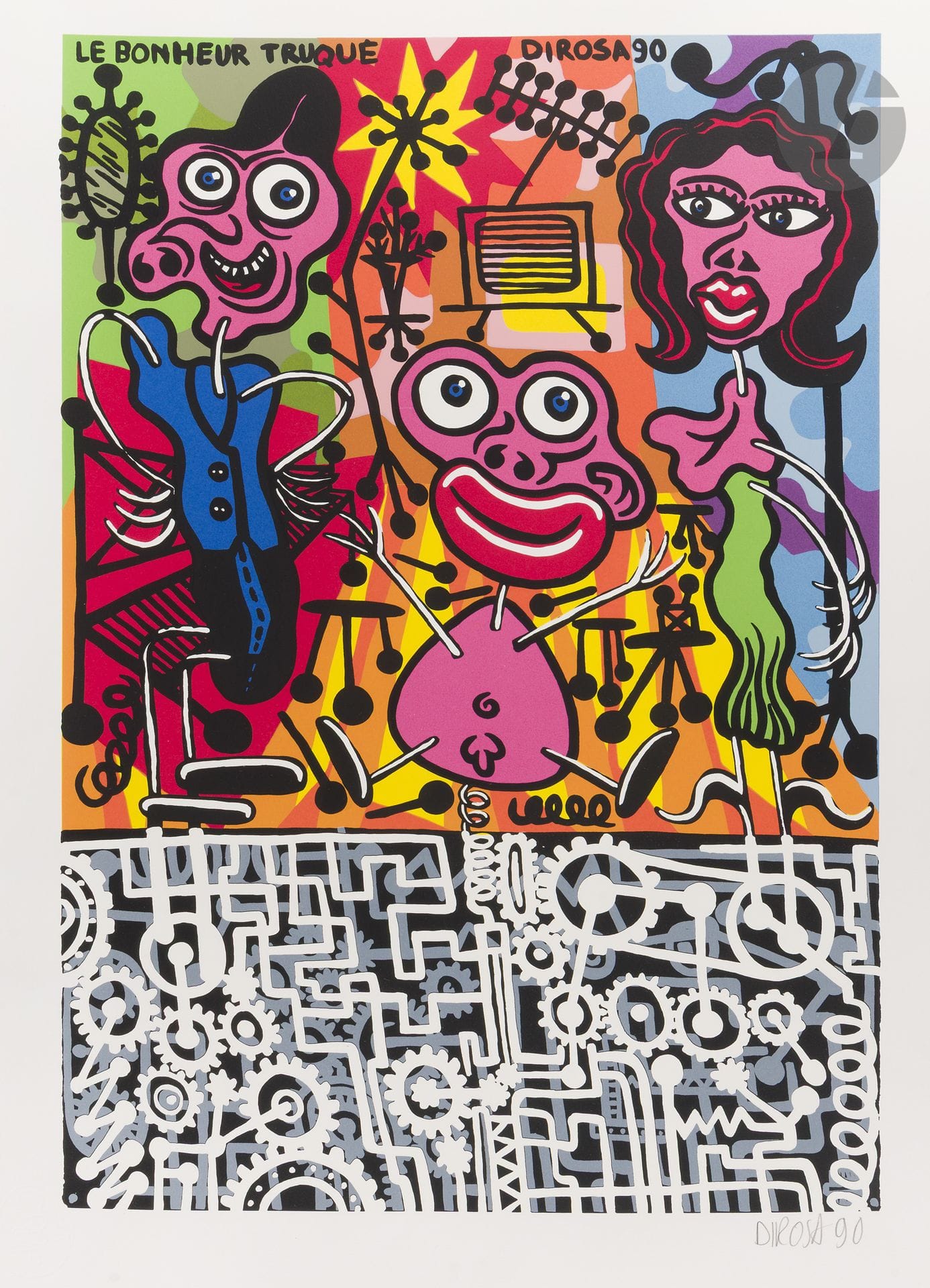 Hervé DI ROSA (né en 1959)
Le Bonheur truqué, 1990
Sérigraphie.
Épreuve sur vélin signée et datée. Tirage total inconnu.
75 x 56 cm

Bibliographie : 
Collectif, Dans l’atelier d’Éric Seydoux. Imprimeur et éditeur en sérigraphie, Éditions Naima, Paris, 2025, reproduite p. 207.