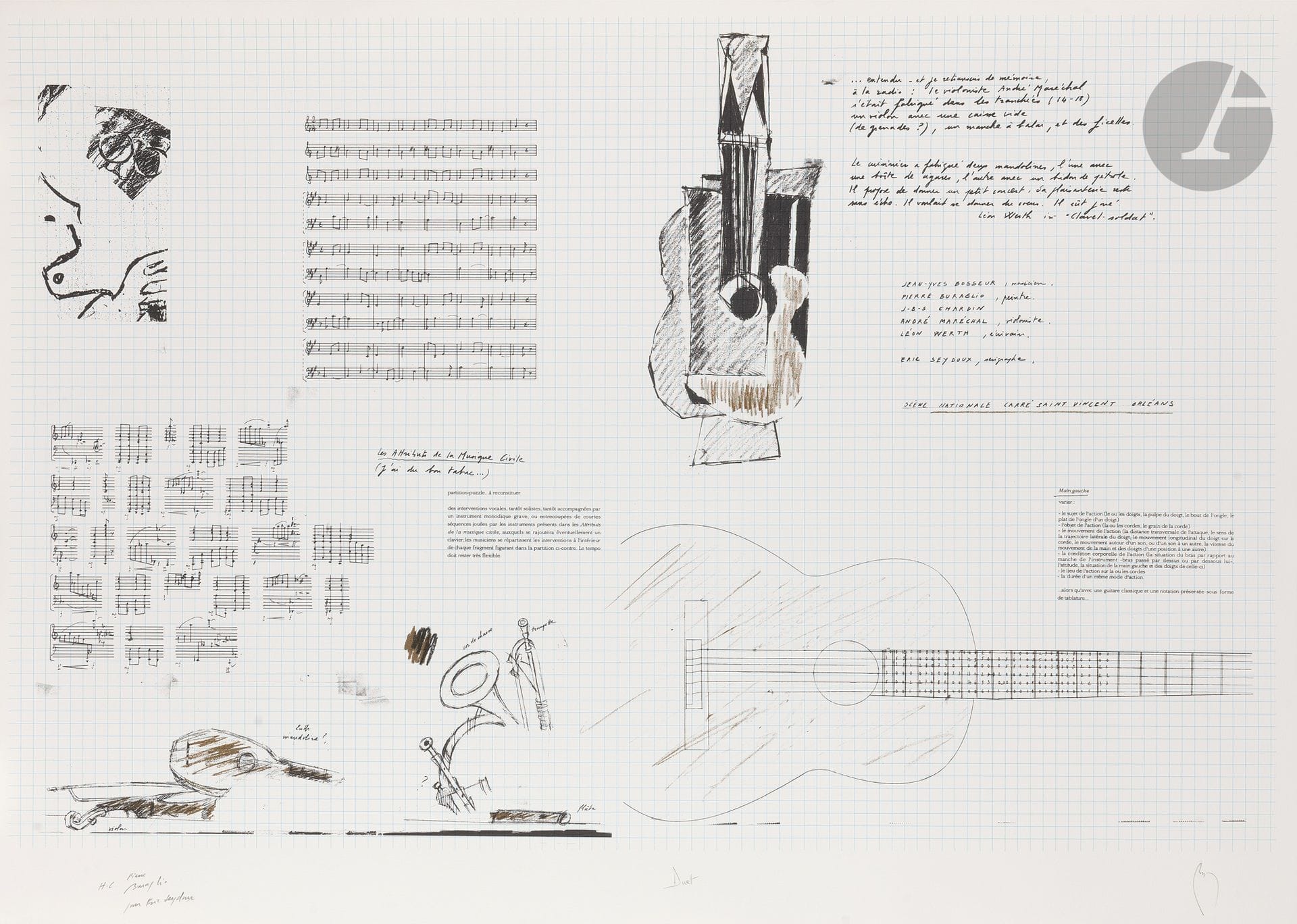 Pierre BURAGLIO (né en 1939)
Duet (avec Jean-Yves Bosseur), 1999
Sérigraphie.
Épreuve sur vélin BFK de Rives signée, titrée et dédicacée « Pour Eric Seydoux » et justifiée « HC ». Édition à 100 exemplaires.
75 x 105 cm