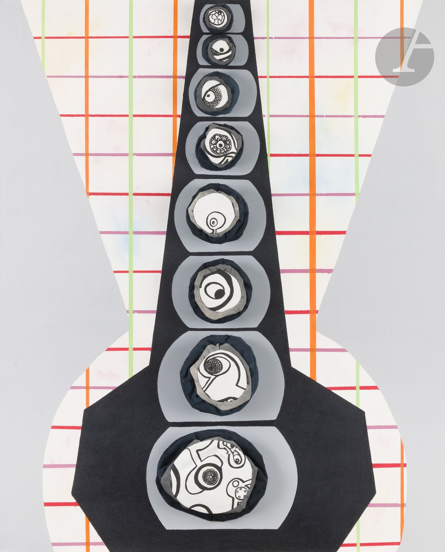 Dominique LIQUOIS (née en 1957)
Hiérarchie de la vision, 2008
Huile et tissu sérigraphié en relief.
Épreuve sur toile signée, datée titrée et annotée au dos. Pièce unique.
100 x 81 cm

Bibliographie : 
Collectif, Dans l’atelier d’Éric Seydoux. Imprimeur et éditeur en sérigraphie, Éditions Naima, Paris, 2025, reproduite p. 162.