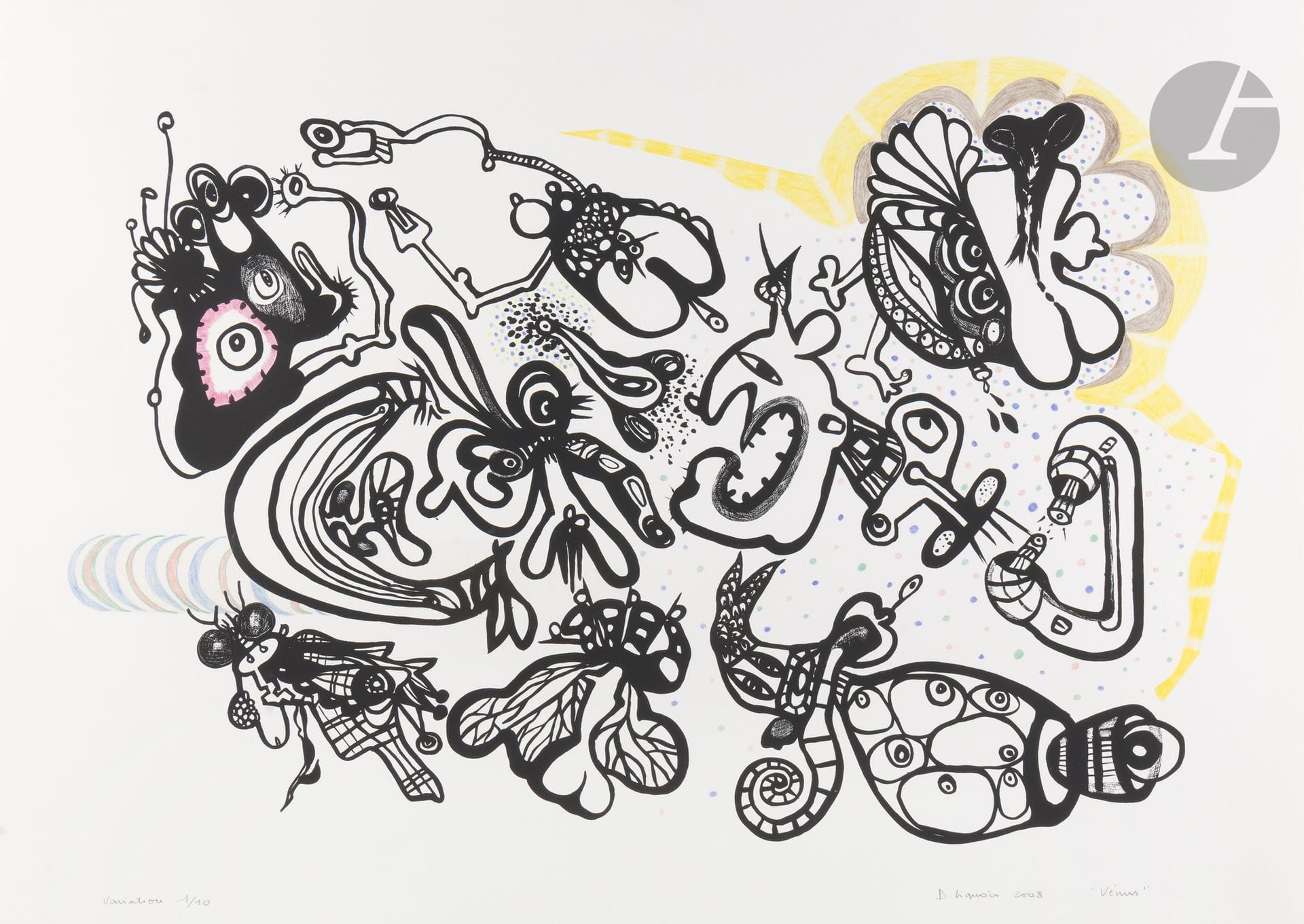 Dominique LIQUOIS (née en 1957)
Vénus, 2008
Sérigraphie.
Deux épreuves sur vélin BFK de Rives signées, datées et numérotées. Édition à 20 exemplaires selon 20 variations.
56,5 x 77 cm chaque
