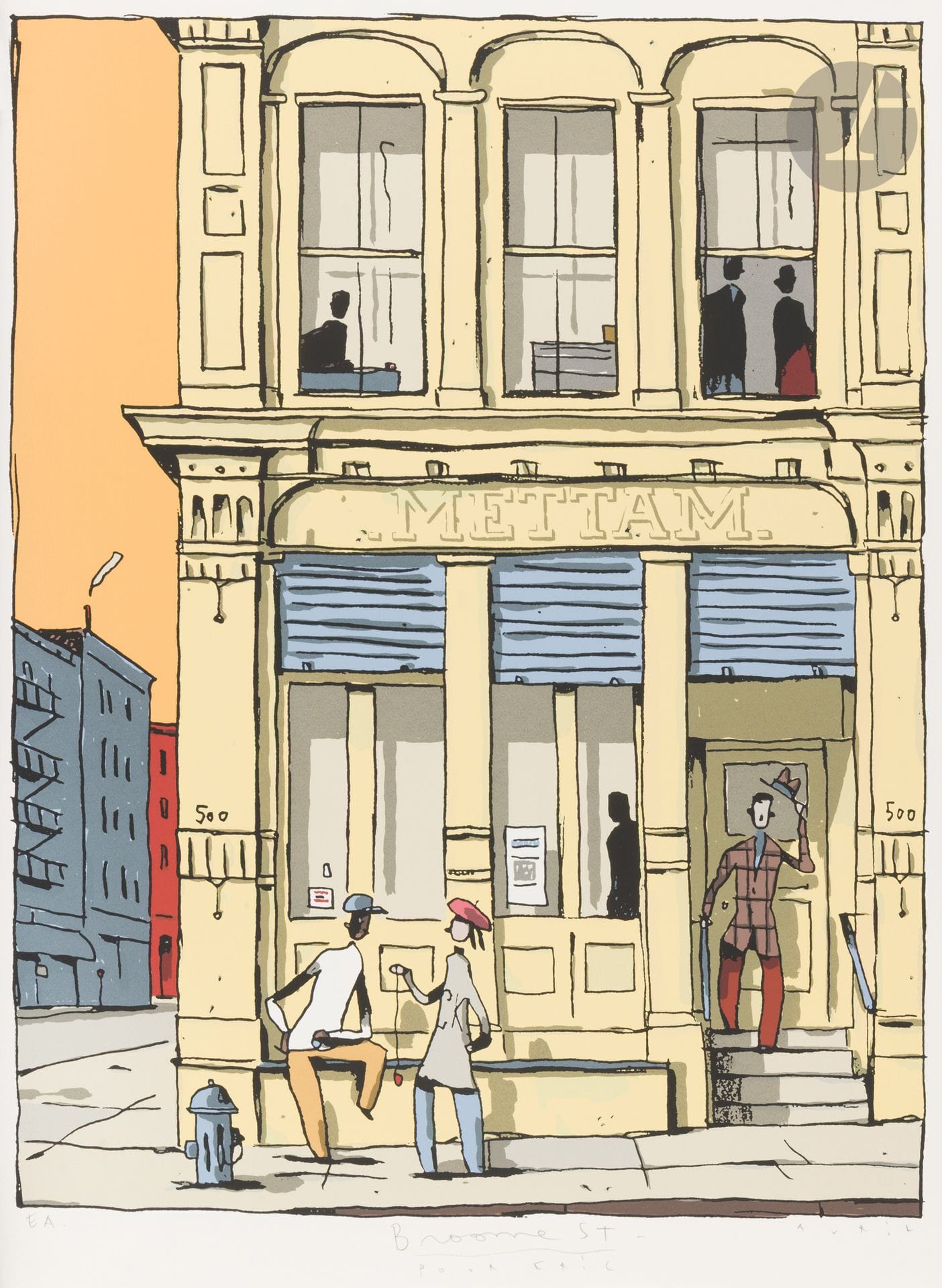 François AVRIL (born in 1961)
Broome St., 1995
Silkscreen print.
Print on Arches vellum, signed, numbered “EA,” titled, and inscribed “For Eric.” Edition of 120 copies.
Published by Galerie Médicis.
76 x 56 cm

This work is part of a series comprising five prints and a diptych dedicated to New York City, created by the artist between 1993 and 2000. The complete series is presented in this auction under lot numbers 244 through 249.