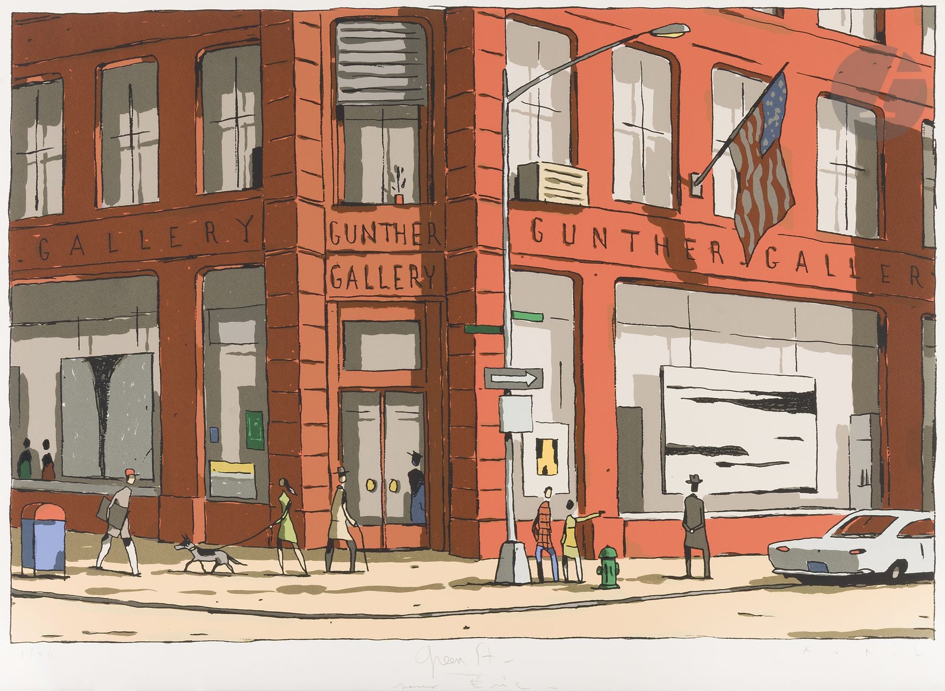 François AVRIL (born in 1961)
Green St., 1996
Silkscreen print.
Print on Arches vellum, signed, numbered “I/XII,” titled, and inscribed “For Eric.” Edition of 132 copies, including 12 artist’s proofs.
Published by Galerie Médicis.
56 x 76 cm

This work is part of a series comprising five prints and a diptych dedicated to New York City, created by the artist between 1993 and 2000. The complete series is featured in this auction under lot numbers 244 through 249.