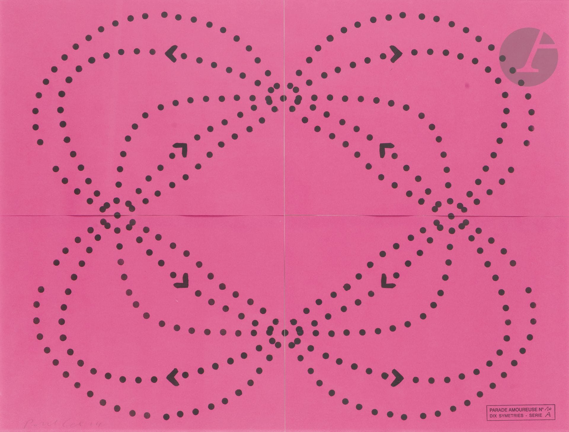Paul COX (né en 1959)
Parade Amoureuse, Dix symétries. Motif 1, version ROSE, 2004
Sérigraphie.
Impression sur quatre feuilles de papier rose signée et datée. Cachet en bas à droite « Parade amoureuse N°10 / Dix symétries - série A ». Tirage total inconnu. 
Cadre.
Dimensions totales : 57,5 x 74,5 cm