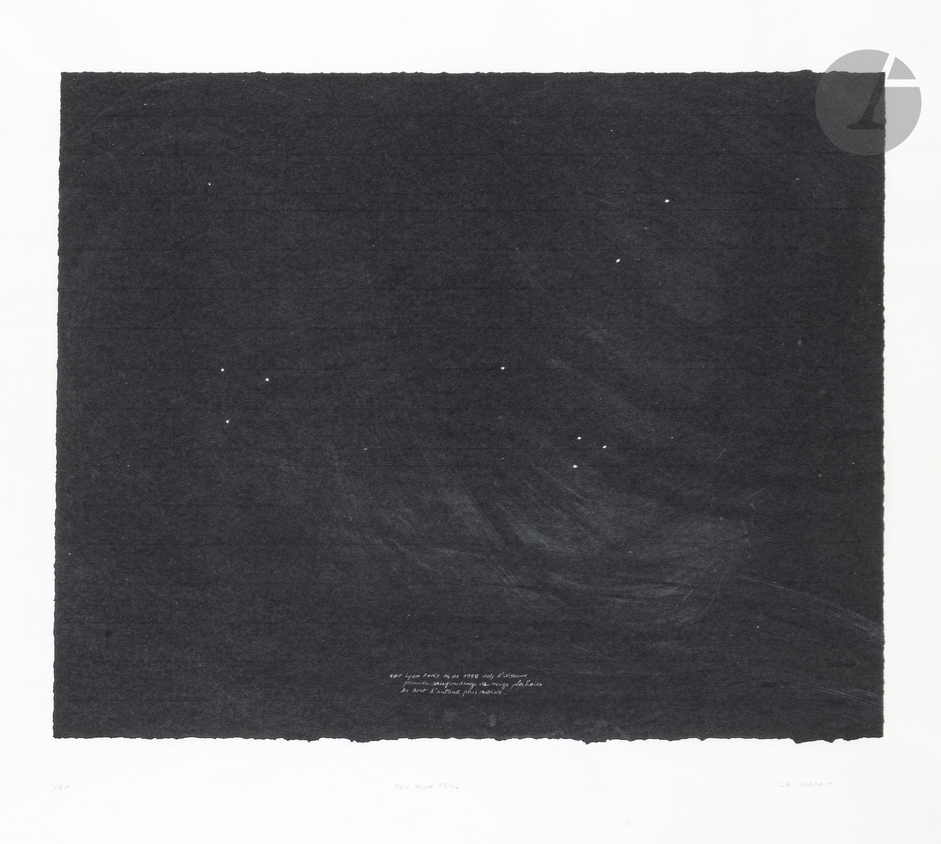 Christine CROZAT (née en 1952)
TGV Lyon-Paris, 1998
Sérigraphie.
Épreuve sur papier signée, titrée et numérotée. Édition à 40 exemplaires.
Cadre.
62 x 90 cm