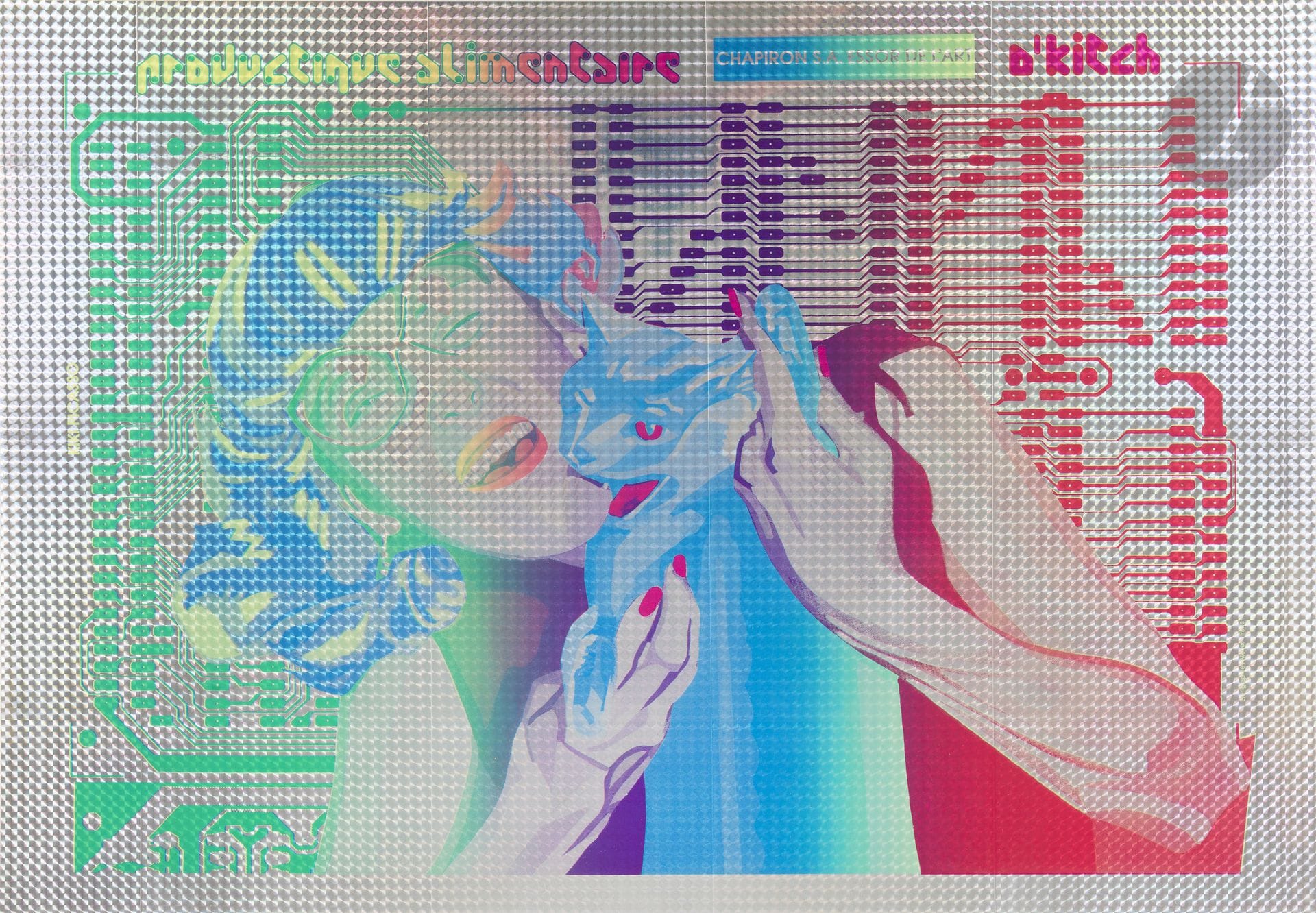 Christian CHAPIRON, known as Kiki PICASSO 
(born in 1956)
Ad (woman with cat)
Silkscreen print.
Unsigned print on glossy self-adhesive paper. Total edition unknown. 
50 x 70 cm