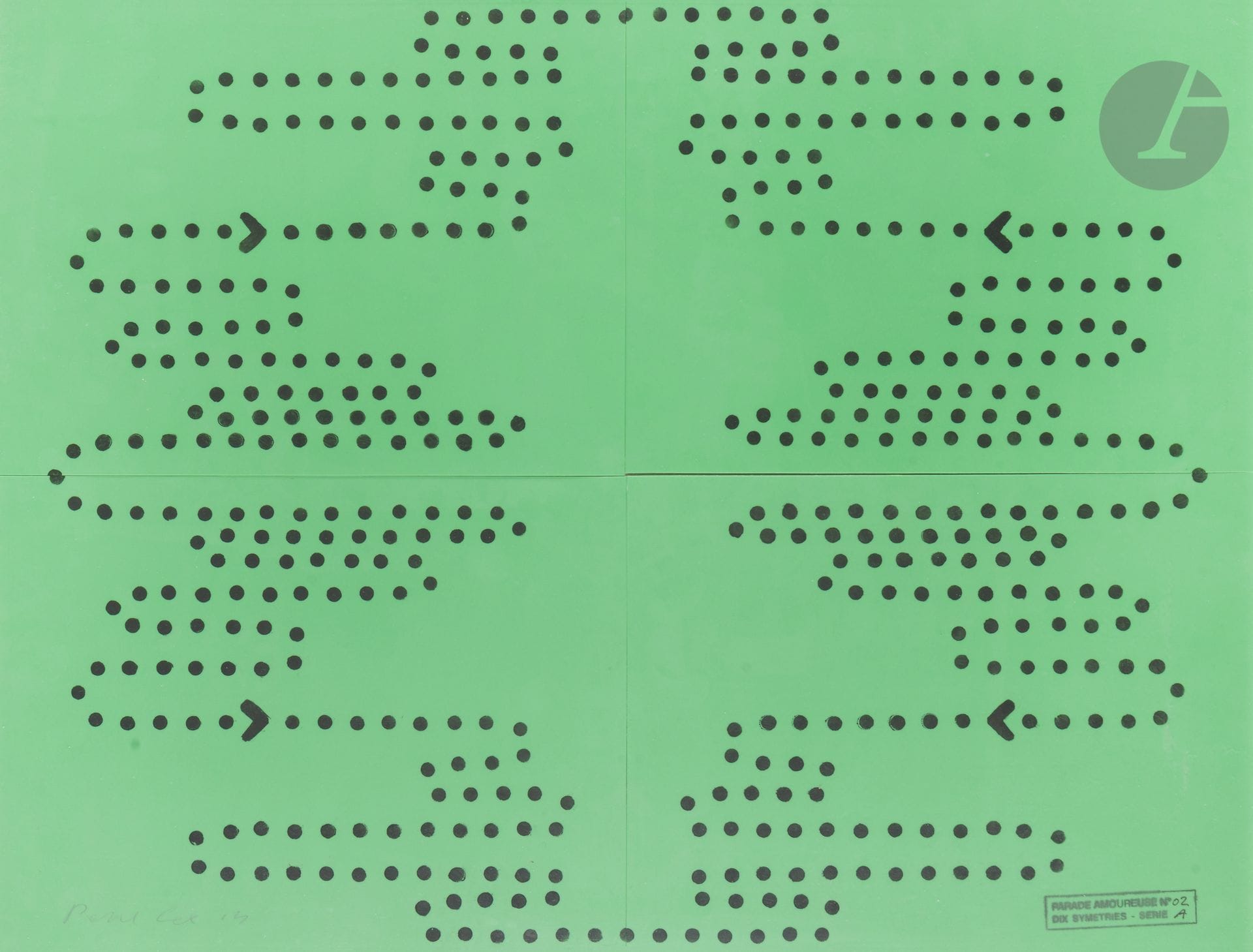 Paul COX (né en 1959)
Parade Amoureuse, Dix symétries. Motif 3, version VERT, 2013
Sérigraphie.
Impression sur quatre feuilles de plastique vert signée et datée.  Cachet en bas à droite « Parade amoureuse N°02 / Dix symétries - série A ». Tirage total inconnu.
Cadre.
Dimensions totales : 57,5 x 74,5 cm