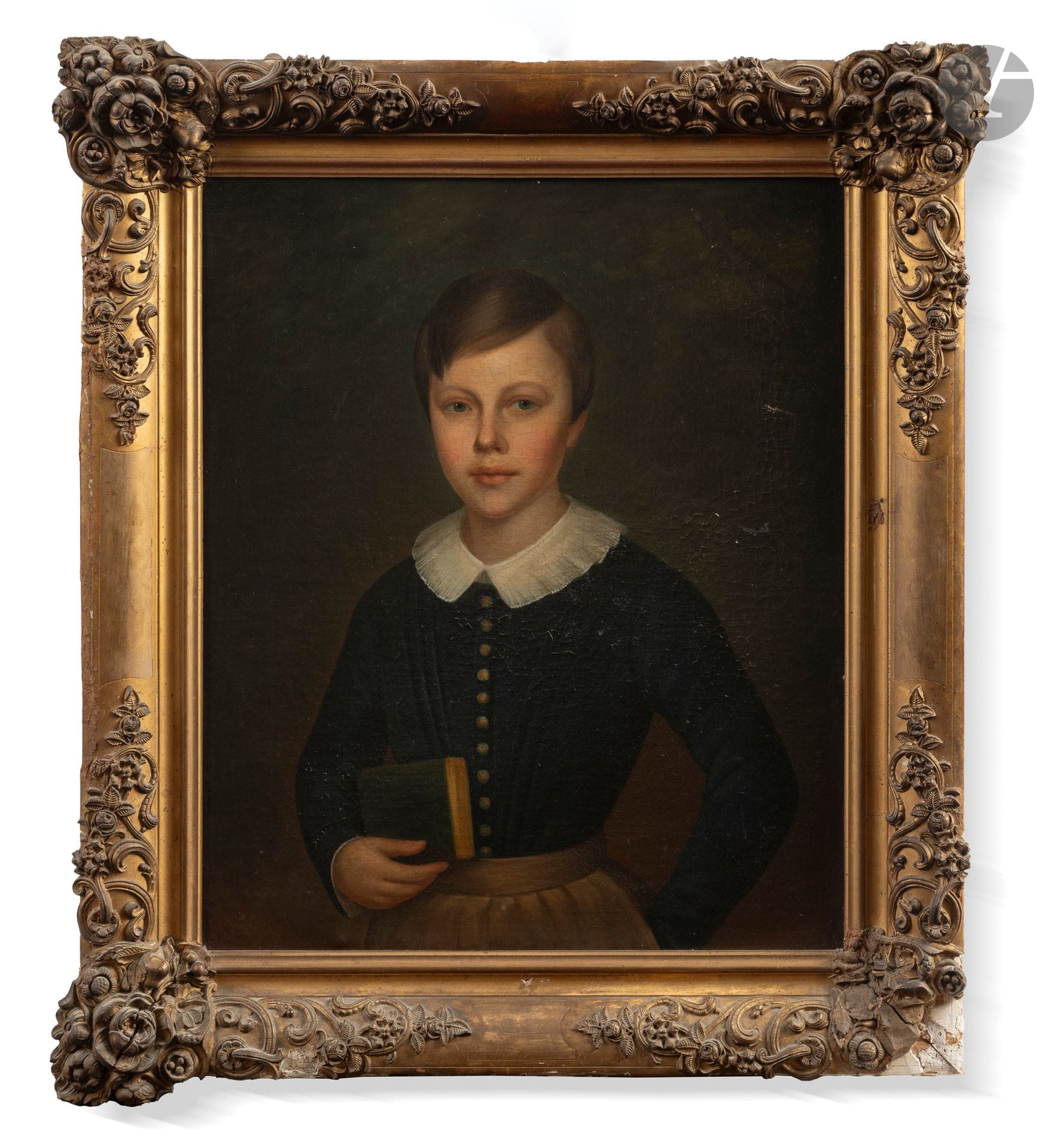 19TH-CENTURY FRENCH SCHOOL
Child with a Book
Oil on canvas.
As seen: H: 63 cm - W: 51 cm
(Missing sections).

This lot comes from the Grand Hall of the Château d'Arcangues.