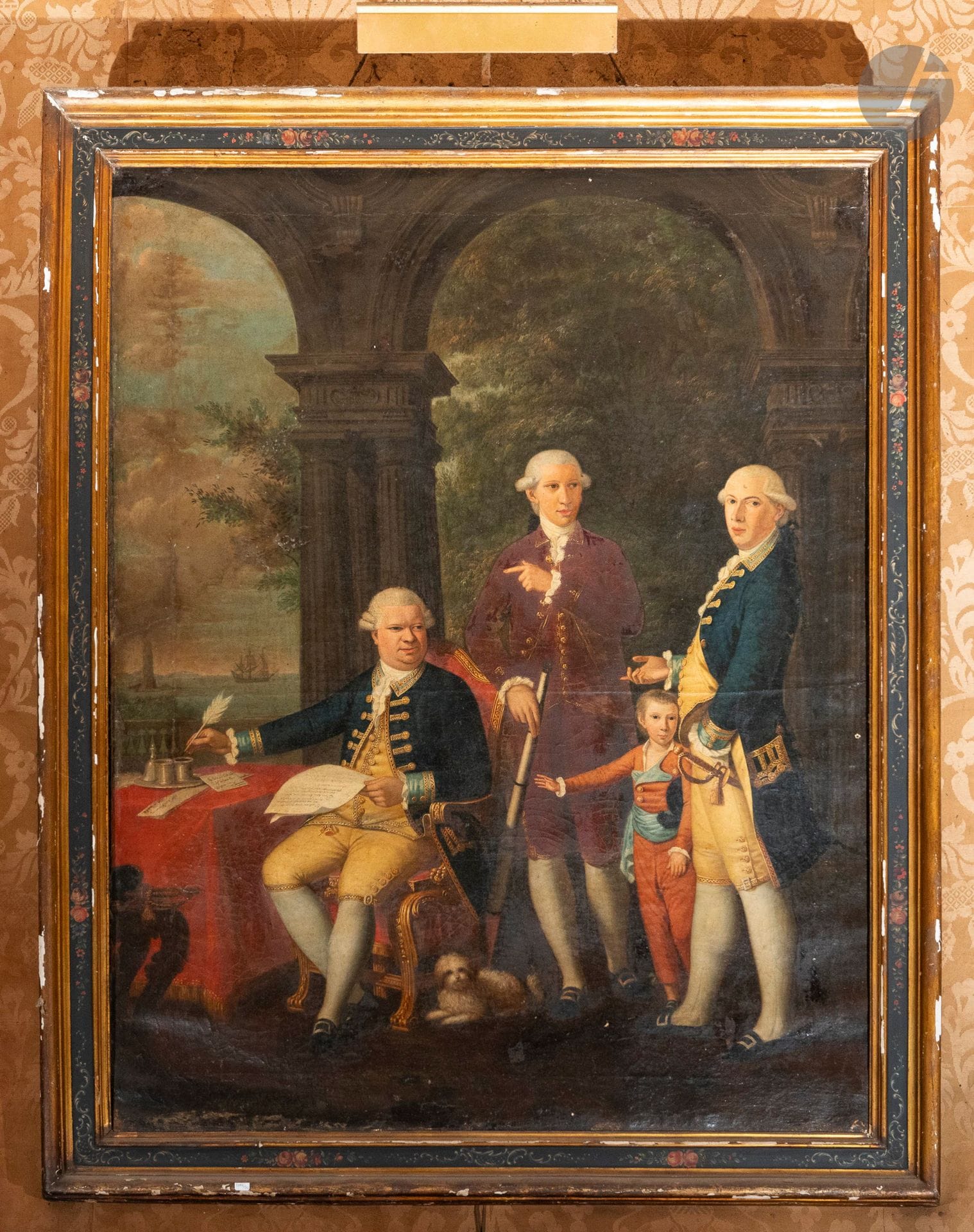 ÉCOLE ANGLAISE DU XVIIIe SIÈCLE
Armateurs italiens près d'un bureau
Huile sur toile.
H. : 170 cm - L. : 120 cm
(Craquelures, manques).

Ce lot provient du Grand Hall du château d'Arcangues.

L'enlèvement est sous la responsabilité et à la charge de l’acheteur.