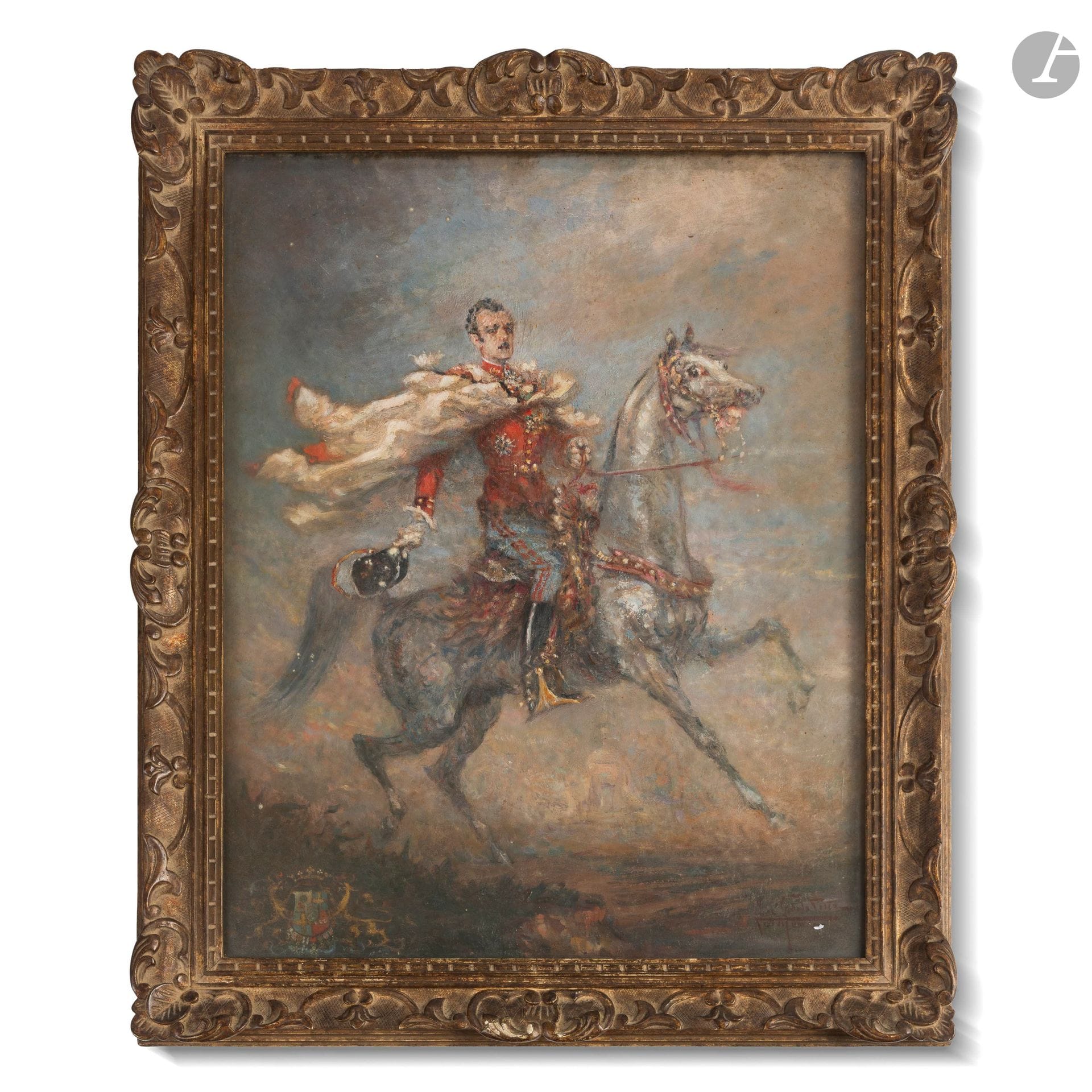 José Garcia DE LA PEÑA (1887-1961) 
Pierre d'Arcangues en Spahi, à cheval
Huile sur panneau. 
Signée en bas à droite.
Porte les armoiries d'Arcangues en bas à gauche.
H. : 60 cm - L. : 50 cm

Ce lot provient du Grand Hall du château d'Arcangues.