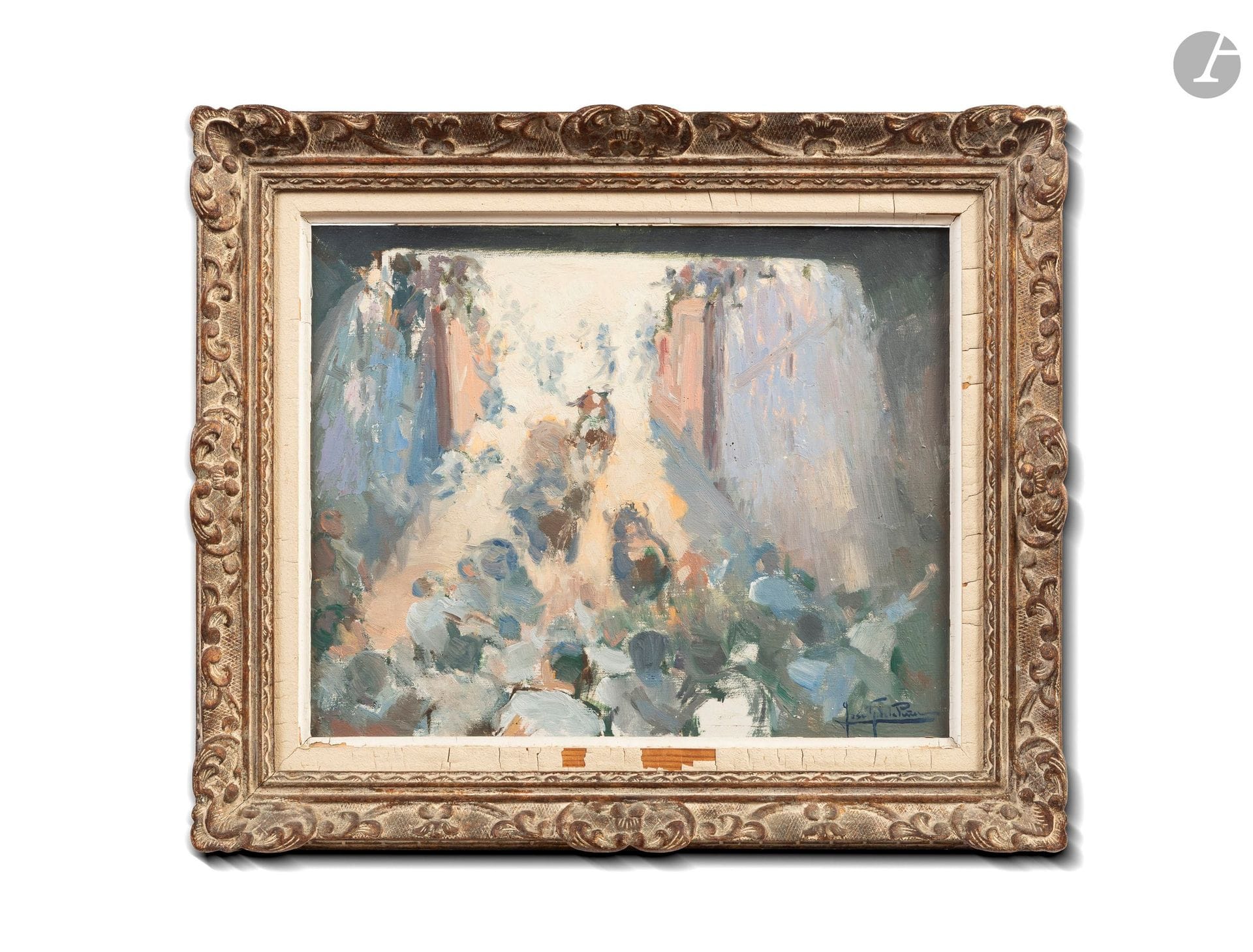 José Gonzalez DE LA PEÑA (1887-1961)
La San Fermin
Huile sur isorel.
Signée en bas à droite.
Titrée au dos.
H. : 33 cm - L. : 40,5 cm

Ce lot provient du Grand Hall du château d'Arcangues.