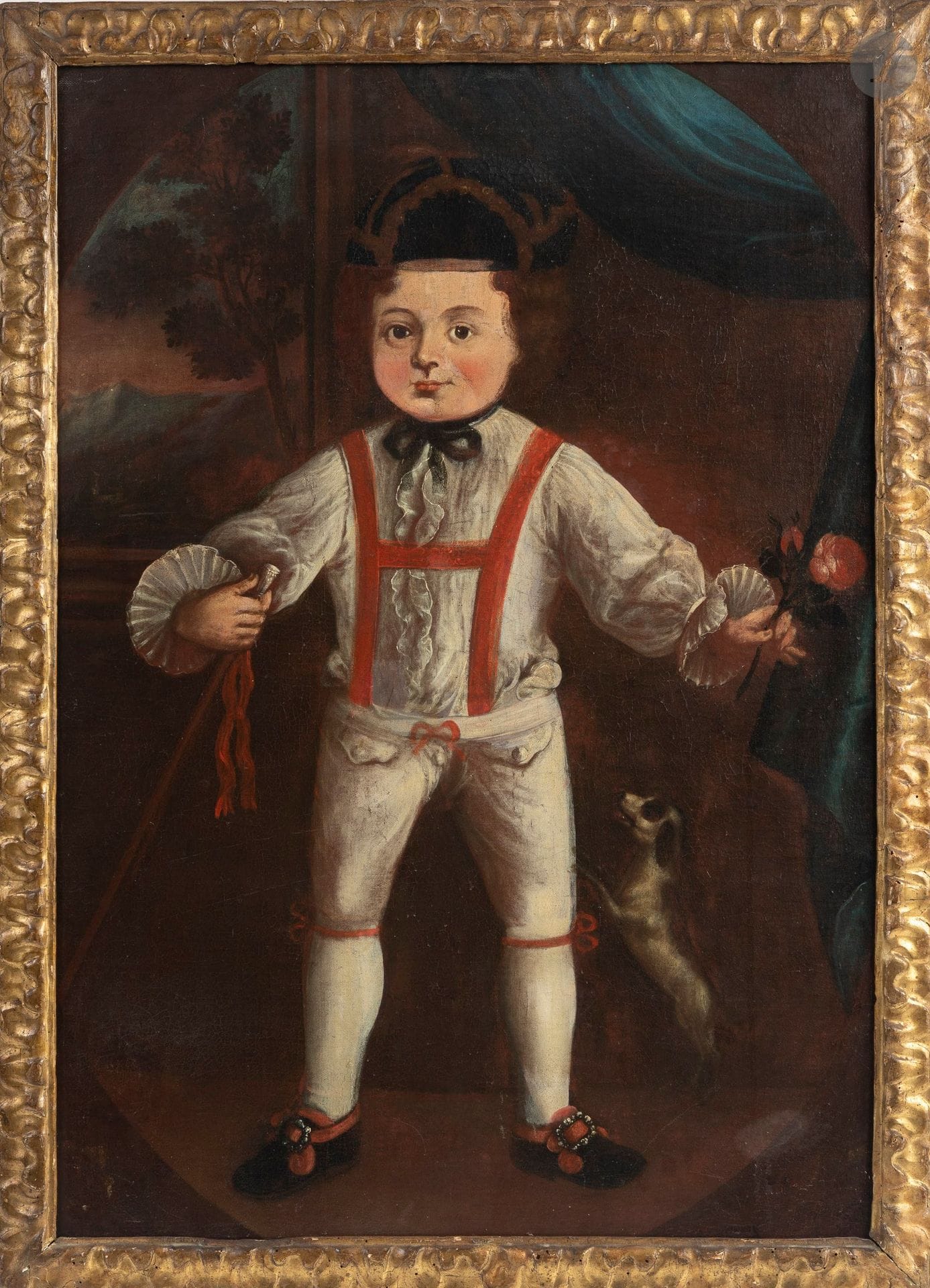 18TH-CENTURY ITALIAN SCHOOL
Young Child with a Rose and a Dog
Oil on canvas.
H: 80 cm - W: 59 cm
(Re-stretched, restored).

This lot comes from the Grand Hall of the Château d'Arcangues.