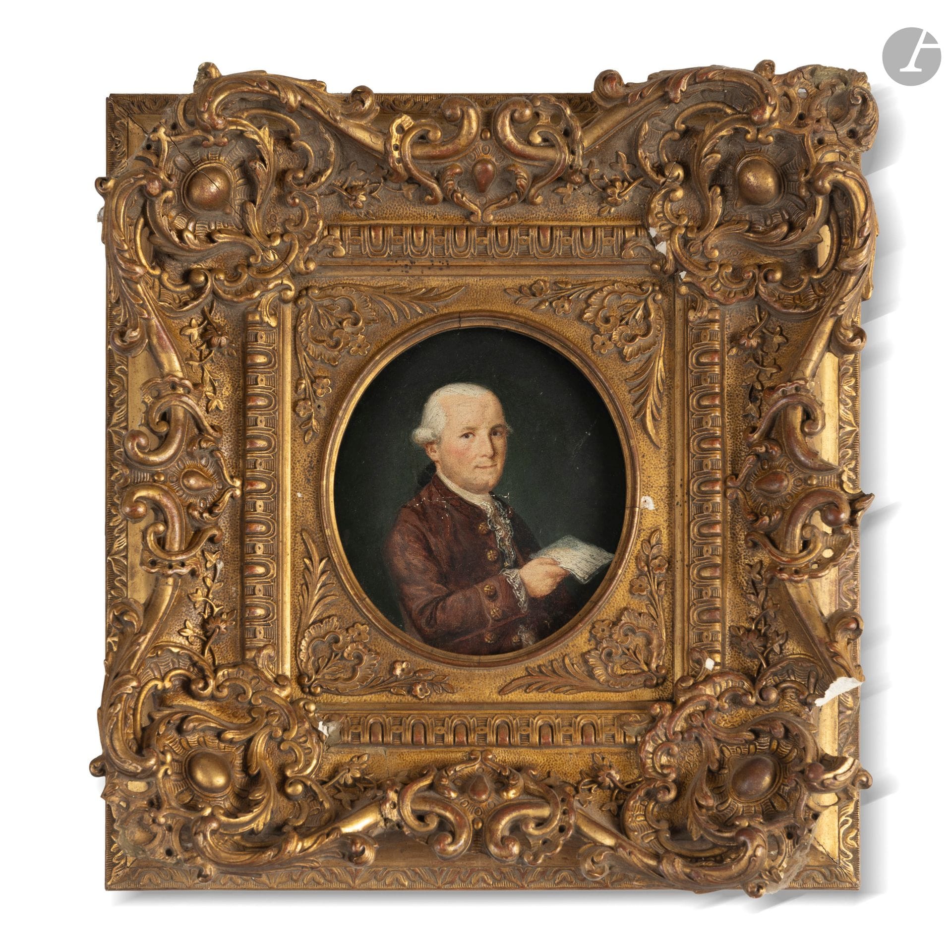 ÉCOLE FRANÇAISE DU XVIIIe SIÈCLE
Portrait d'un homme à la lettre
Huile sur toile en médaillon.
H. : 15 cm - L. : 13 cm
(Rentoilée, manques).

Ce lot provient du Grand Hall du château d'Arcangues.