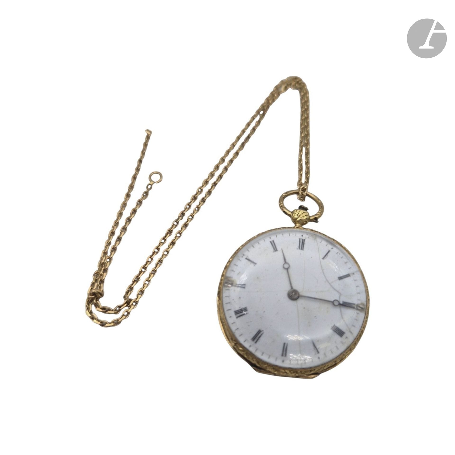 Montre de col en or jaune 750°/°° et sa chaîne également en or jaune 750°/°°. 
Poids brut : 21,6 g
(Accidents).

FRAIS ACHETEUR 8% HT