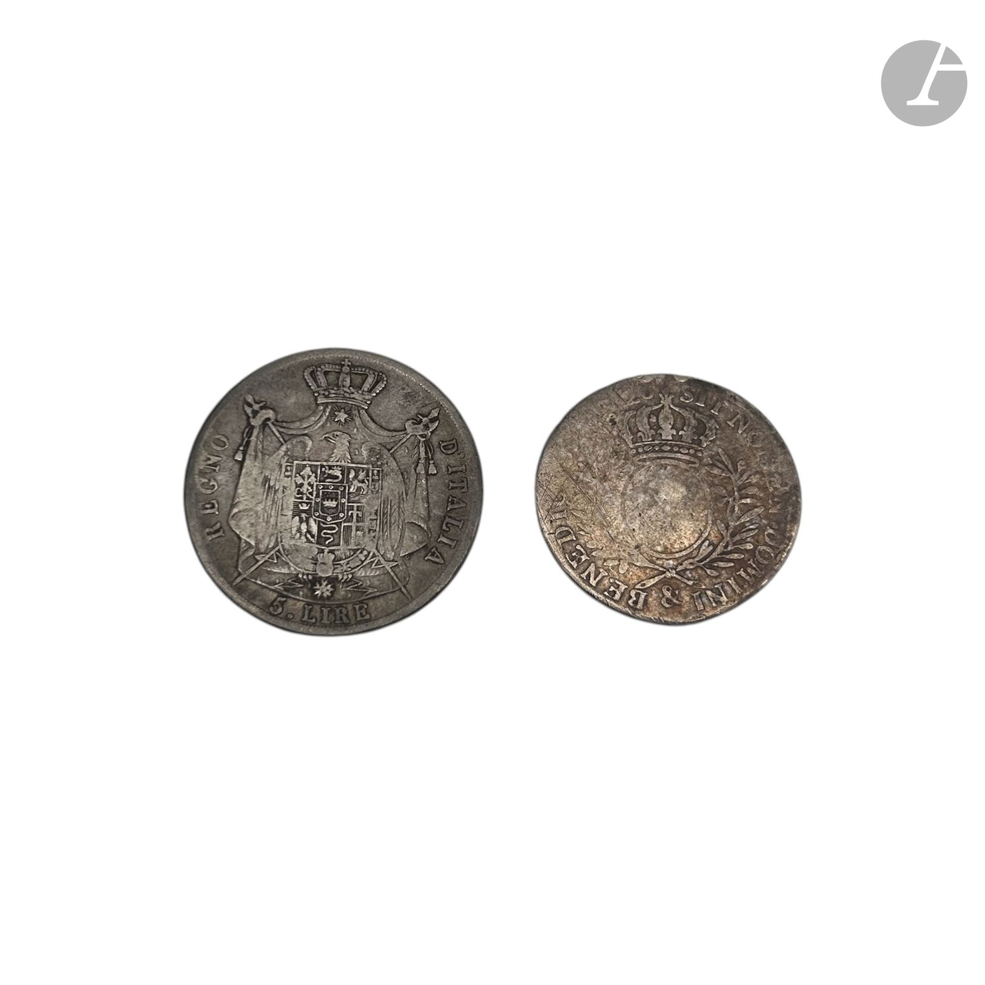 Une pièce de 5 lires Royaume d'Italie Napoléon 1811.
On joint une pièce en argent usée italienne, XVIIIe. 
Poids net : 38 g

FRAIS ACHETEUR 20% TTC