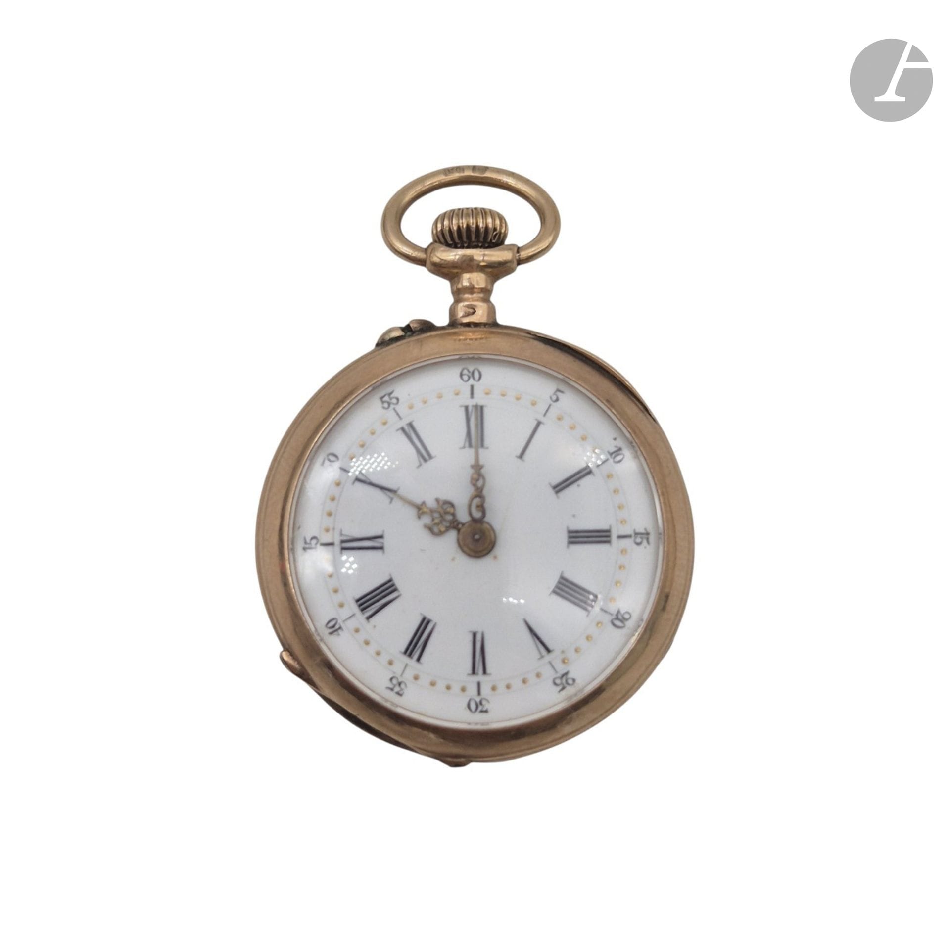 Montre de col en or jaune 750°/°°, double cuvette en or jaune 750°/°°, cadran émaillé, index en chiffres romains pour les heures et arabes pour les minutes, aiguilles ajourées. 
Poids brut : 15 g

FRAIS ACHETEUR 8% HT