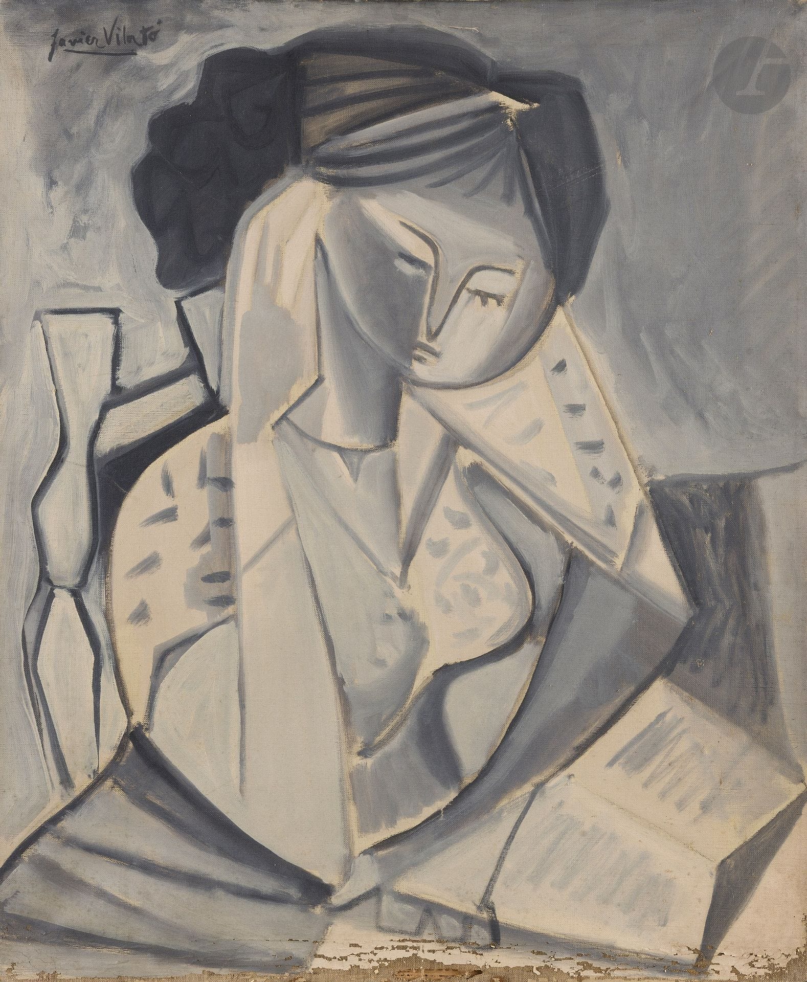 Javier VILATÓ RUIZ [espagnol] (1921-2000)
Femme lisant, 1953
Huile sur toile.
Signée en haut à gauche.
Signée sur le châssis et datée " X-53 " au dos.
(Usures et manques en partie basse, châssis piqué).
73 x 60 cm

Provenance : 
- Galerie Beaux-Arts, Paris (fragment d'étiquette au dos).
- Galerie Jeanne Castel, Paris.

Nous remercions Monsieur Xavier Vilató pour les informations qu’il nous a transmises. Cette œuvre est répertoriée dans ses archives.
