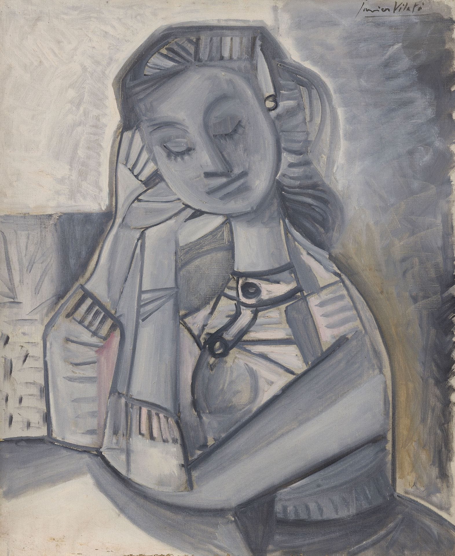 Javier VILATÓ RUIZ [espagnol] (1921-2000)
La Femme grise, 1955
Huile sur toile.
Signée en haut à droite.
Datée " III-55 " au dos.
73 x 60 cm
(Usures et manques).


Provenance : 
Galerie Jeanne Castel, Paris (tampon sur le châssis).

Nous remercions Monsieur Xavier Vilató pour les informations qu’il nous a transmises. Cette œuvre est répertoriée dans ses archives.