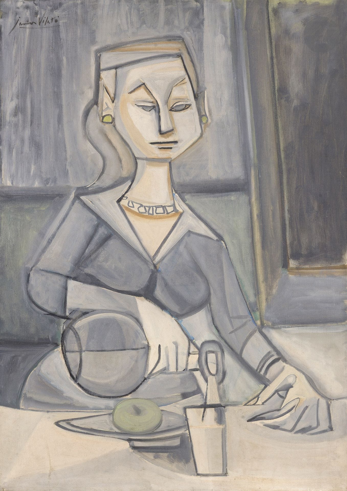 Javier VILATÓ RUIZ [Spanish] (1921–2000)
The Woman with the Carafe, 1955
Oil on canvas.
Signed upper left.
Dated “III-55” on the back.
(Small dent).
92 x 65 cm

Provenance: 
Galerie Jeanne Castel, Paris (stamp on the stretcher).

We thank Mr. Xavier Vilató for the information he provided. This work is listed in his archives.