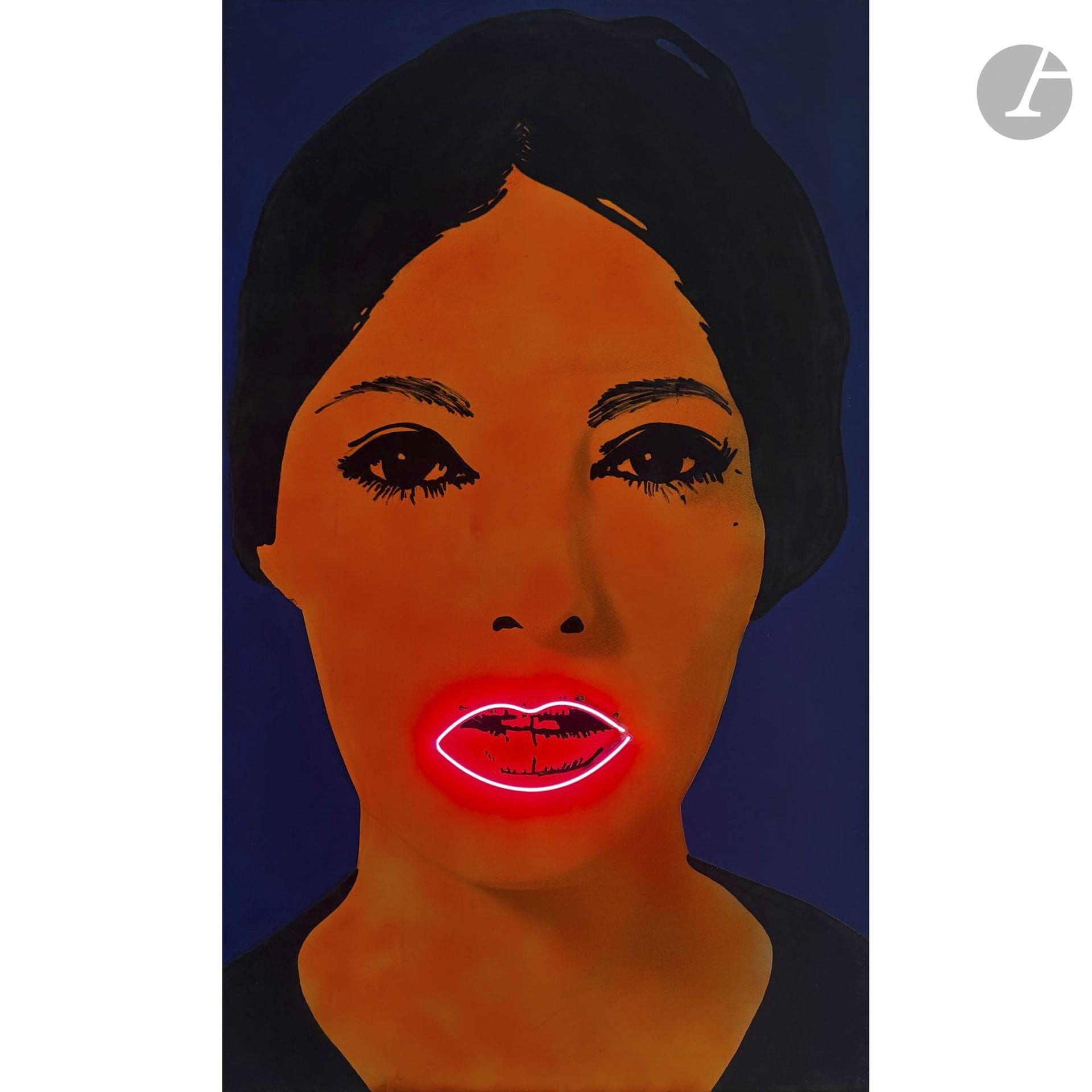 Elaine STURTEVANT (1926–2014)
High-Voltage Painting, 1968–1969
Acrylic, flock, and paper on canvas and neon.
Signed, dated, and titled on the reverse.
160 x 97 cm

Exhibition: 
Probably: Sturtevant. Eight Paintings and a Prototype, Galerie Claude Givaudan, Paris, 1969.

Bibliography: 
- Christiane Duparc, “Faites-le vous-même,” *Le Nouvel Observateur*, Paris, no. 227, March 17, 1969. 
- *L'œuvre re-produite: aspects de l'art du XXe siècle*, Meymac, Abbaye Saint-André, Centre d'art contemporain, 1991; another copy reproduced on p. 127. 
- Sturtevant: Catalogue Raisonné 1964–2004, Frankfurt am Main, Museum für Moderne Kunst, Ostfildern-Ruit, Hatje Cantz, 2004, listed as no. 377, p. 149.