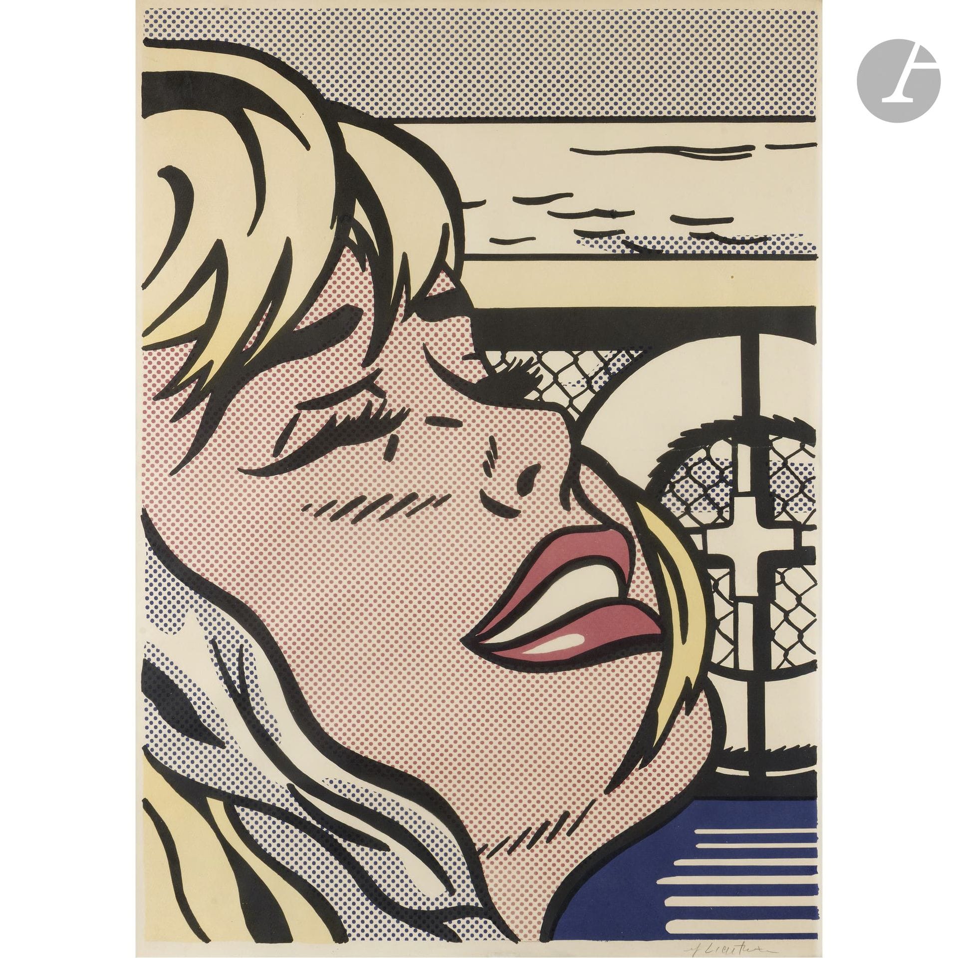 Roy LICHTENSTEIN (American, 1923–1997)
Shipboard Girl. 1965. 
Offset lithograph. 68 x 50 cm. Bianchini 12; Corlett II.6; online catalogue raisonné RLCR 1149. Color print. Fine print on vellum, signed in pencil, with colors slightly faded. Small circular blue ink stain on one of the black wave-like lines to the right of the hair. Three small foxing spots in the yellow (including two tiny ones in the hair). A fine horizontal scratch about 10 cm long in the subject on the right. Full margins. Frame (on the reverse, exhibition label from the Pavillon des Arts/Musées de la Ville de Paris). 

This print was never officially published. "Separation drawings and a few unsigned proofs for this and one other print were discovered in the estate of Melvin Tomback. Tomback was the owner and operator of Graphic Industries Inc. in New York and printed for a number of New York galleries, including the Leo Castelli Gallery, from the late 1950s or early 1960s until the early 1980s, when he retired to Florida. He died in 1986. Tomback had a partner, Jerry Salk, until sometime during the 1970s. The separation drawings have since been acquired by the National Gallery of Art. " (Mary Lee Corlett, *The Prints of Roy Lichtenstein: A Catalogue Raisonné, 1948–1997*, New York: Hudson Hills Press; Washington: National Gallery of Art, p. 286).