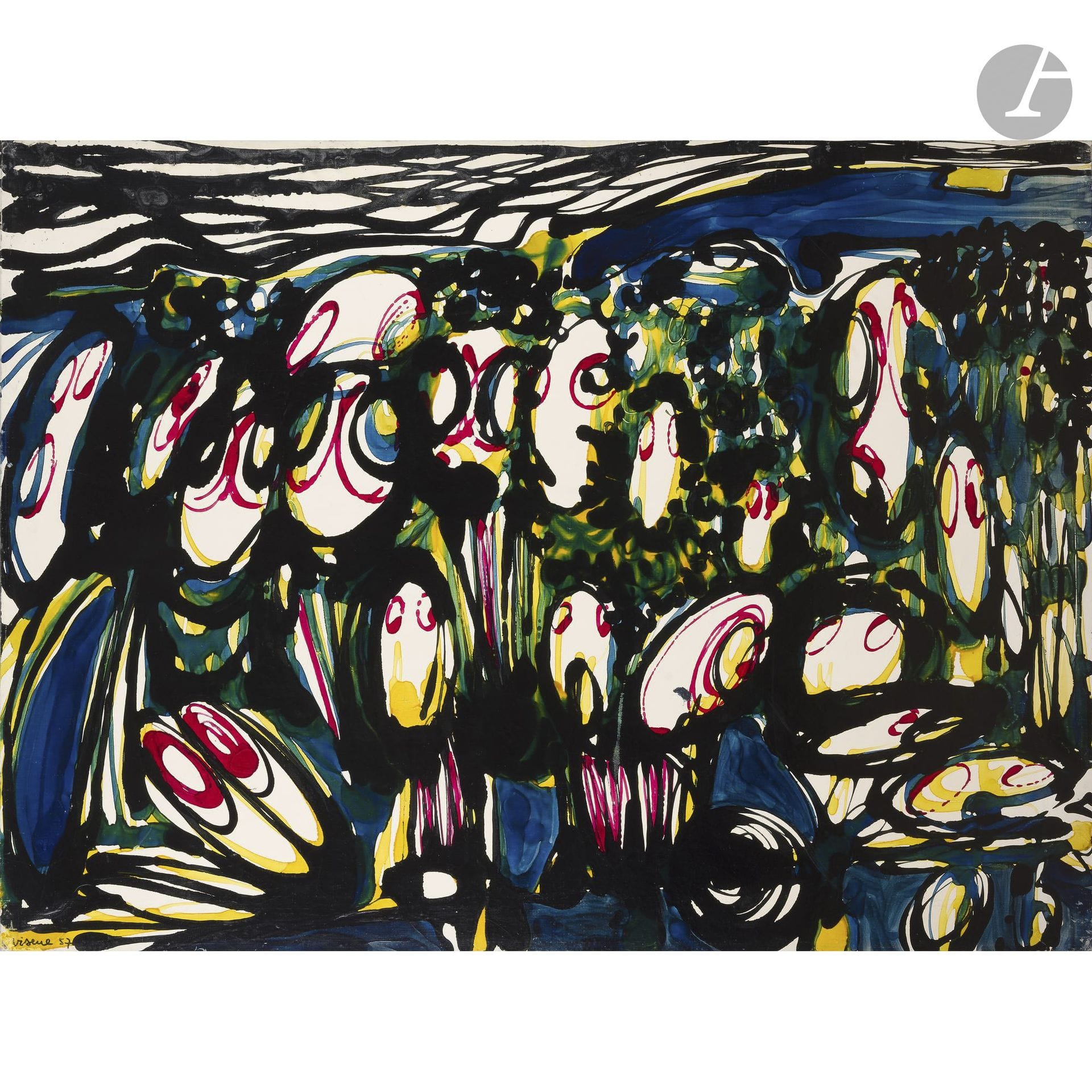 Claude VISEUX (1927-2008)
Le Voyeur, 1957
Huile sur toile.
Signée et datée en bas à gauche.
Signée et datée au dos.
97 x 130 cm

Provenance : 
Galerie René Drouin, Paris (étiquette au dos).