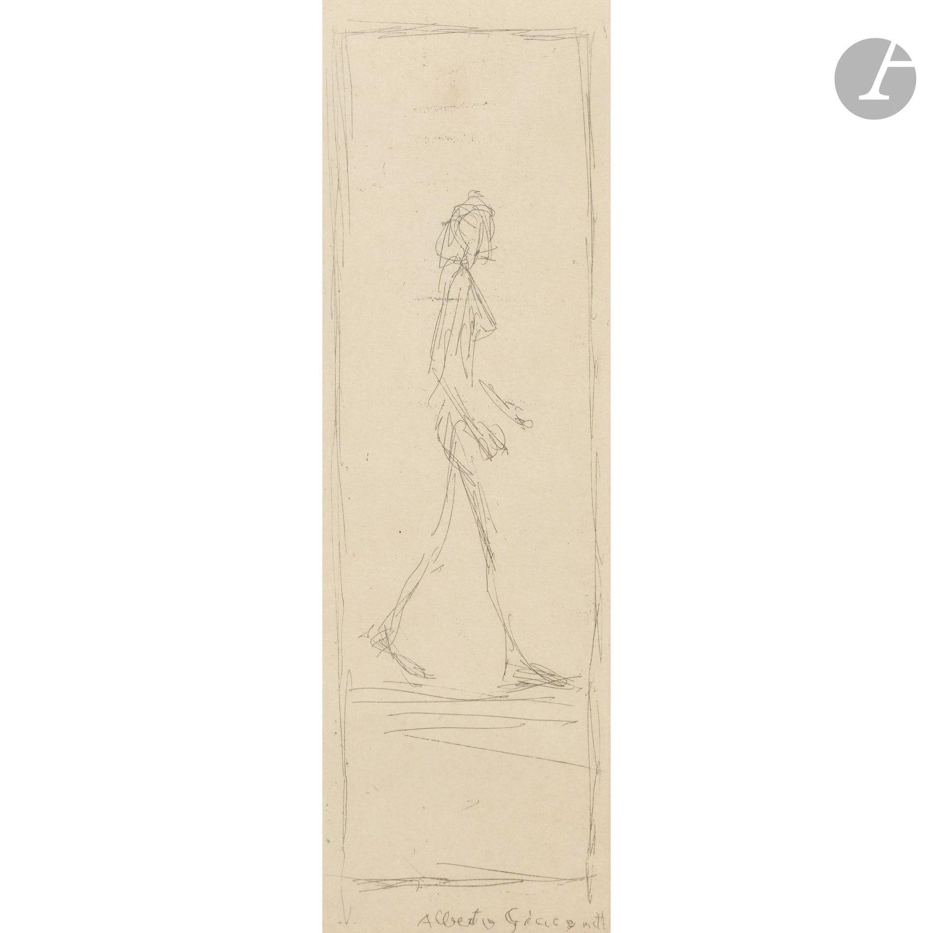 Alberto GIACOMETTI (1901-1966)
Femme nue marchant de profil à droite. 1954.
Eau-forte. À vue : 30 x 15,5 cm. Kornfeld 151. Belle épreuve sur vélin, insolée, sans le feuillet de texte. Marges. Cadre (non examinée hors du cadre). 

Planche parue en carte de vœux pour la galerie Maeght en 1955.