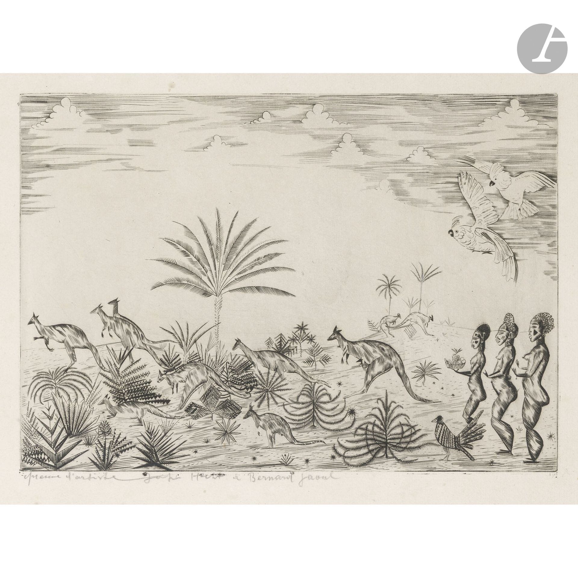 Joseph HECHT (polonais, 1881-1952)
Océanie. (Pl. pour l'album Atlas, poème d'André Suarès, Paris, aux dépens de l'auteur, 1928). Burin. À vue : 45 x 44 cm. Plumart, Tonneau-Ryckelynck 162. Belle épreuve sur vergé filigrané au brochet, annotée au crayon " épreuve d'artiste Joseph Hecht à Bernard Jaoul ", collée en plein sur carton. Quelques rousseurs. Toutes marges. Cadre.