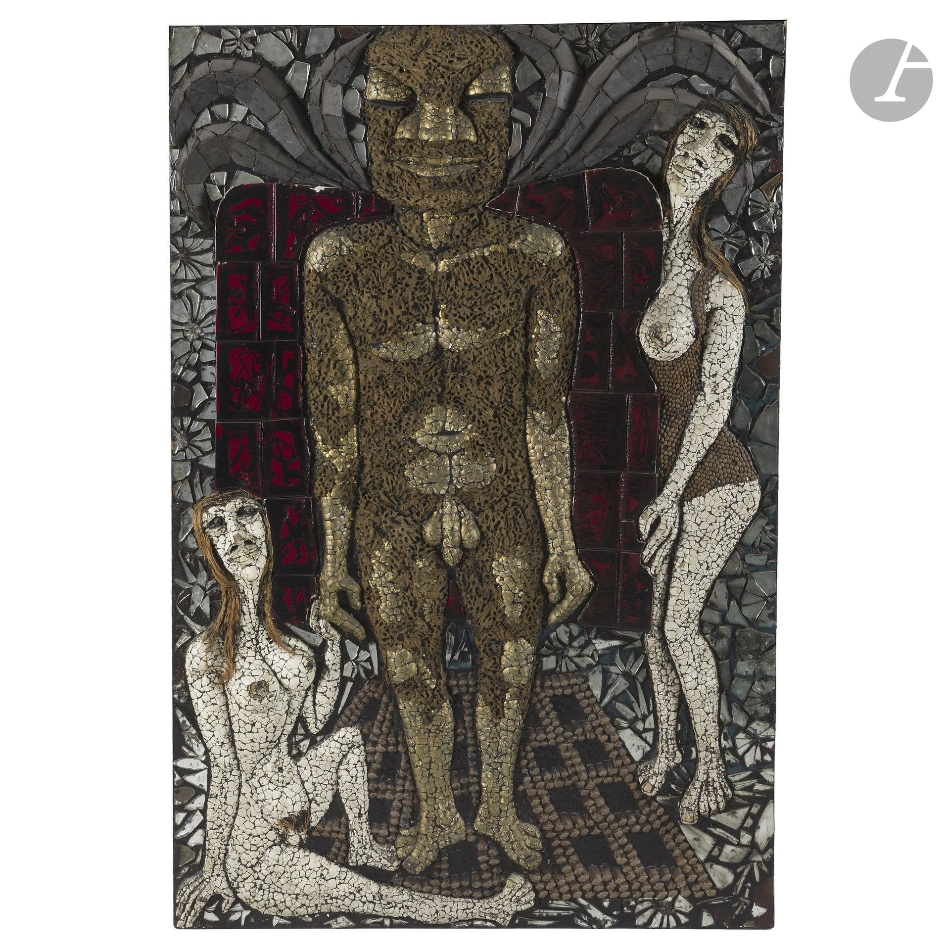 Pierre BETTENCOURT (1917–2006)
Ecce Homo/The Nameless King, 1964
Mixed media (slate, marble, tile, eggshell, horsehair, pine cone scales, sponge, coffee bean, putty, mirror, paint, stone) on panel. 
Titled “Le Roi sans nom” on the edge.
176.5 x 116 x 13.5 cm

Exhibition: 
The Inner Fantastic: Remnants and Resurgences of the Fantastic and Surrealism, 1945–1975, Beaulieu Abbey, Ginals, June 22–September 14, 1975, Catalog, reproduced on p. 9. 

Bibliography: 
- *Les Hauts-Reliefs de Pierre Bettencourt*, Paris, Hachette, 1971, reproduced on p. 49.  
- *25 Years of Contemporary Art at Beaulieu*, Beaulieu Abbey Cultural Association, 1995, reproduced on p. 14. 

This work is listed in the Catalogue Raisonné of the Works of Pierre Bettencourt under the reference PBe-1964-HR001.