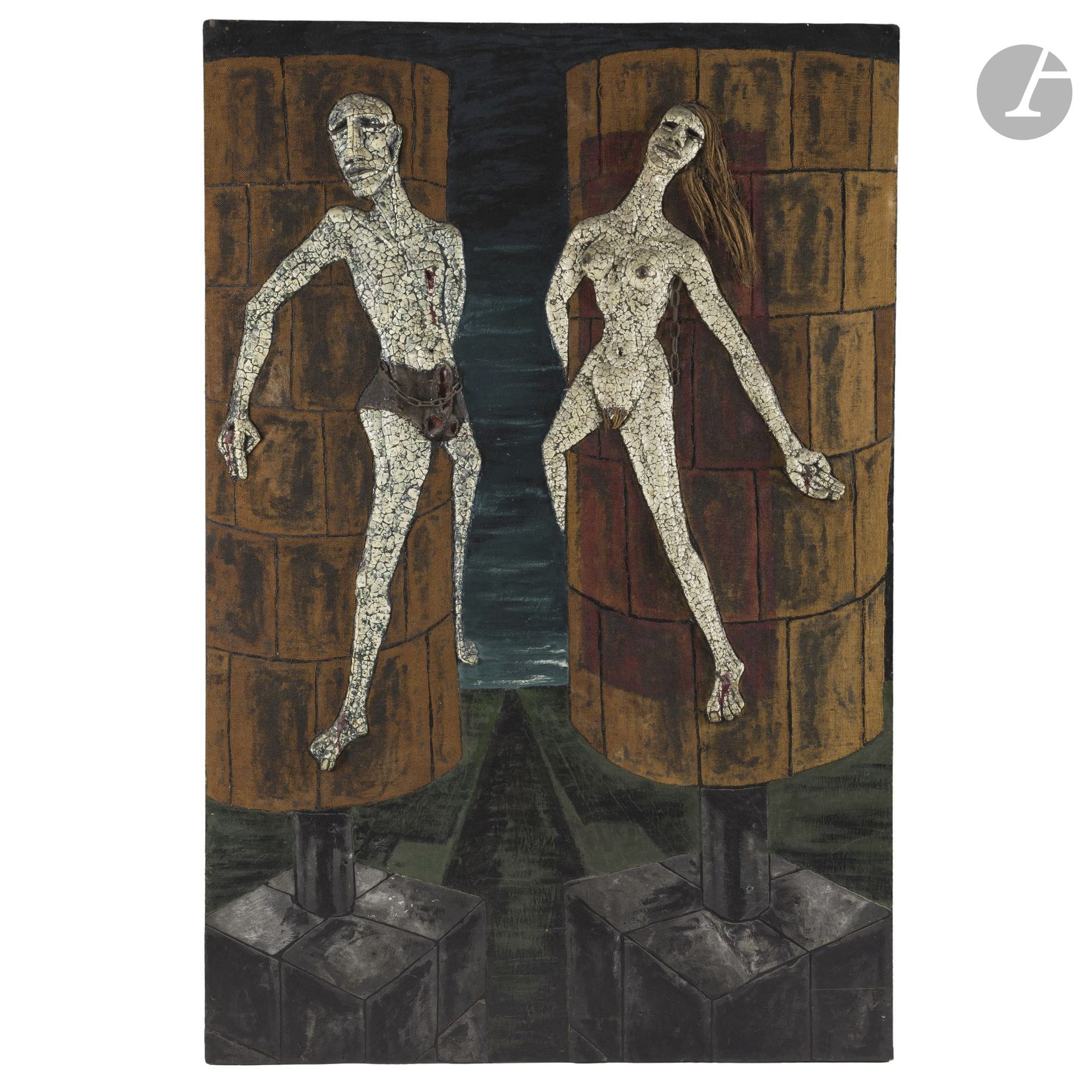 Pierre BETTENCOURT (1917-2006)
Les Vies parallèles, 1960
Technique mixte (ardoise, chaîne, clou, coquille d'œuf, crin, cuir, peinture, toile de jute) sur panneau.
Titrée sur la tranche.
230 x 154 cm

Exposition : 
Pierre Bettencourt, Centre d'Art Contemporain, Château de Tanlay, 1er juin - 30 septembre 1991, n° 33, Catalogue, reproduit p. 89.

Bibliographie : 
- Les Hauts-Reliefs de Pierre Bettencourt, Hachette, 1971, reproduit p. 8 bis.
- Idoles et Hauts-Reliefs de Pierre Bettencourt, L'Œuf sauvage, Paris, Éditions Pleine Marge, 1997, reproduit, non paginé.

Cette œuvre est enregistrée au Catalogue Raisonné de l'œuvre de Pierre Bettencourt sous la référence PBe-1960-HR002.