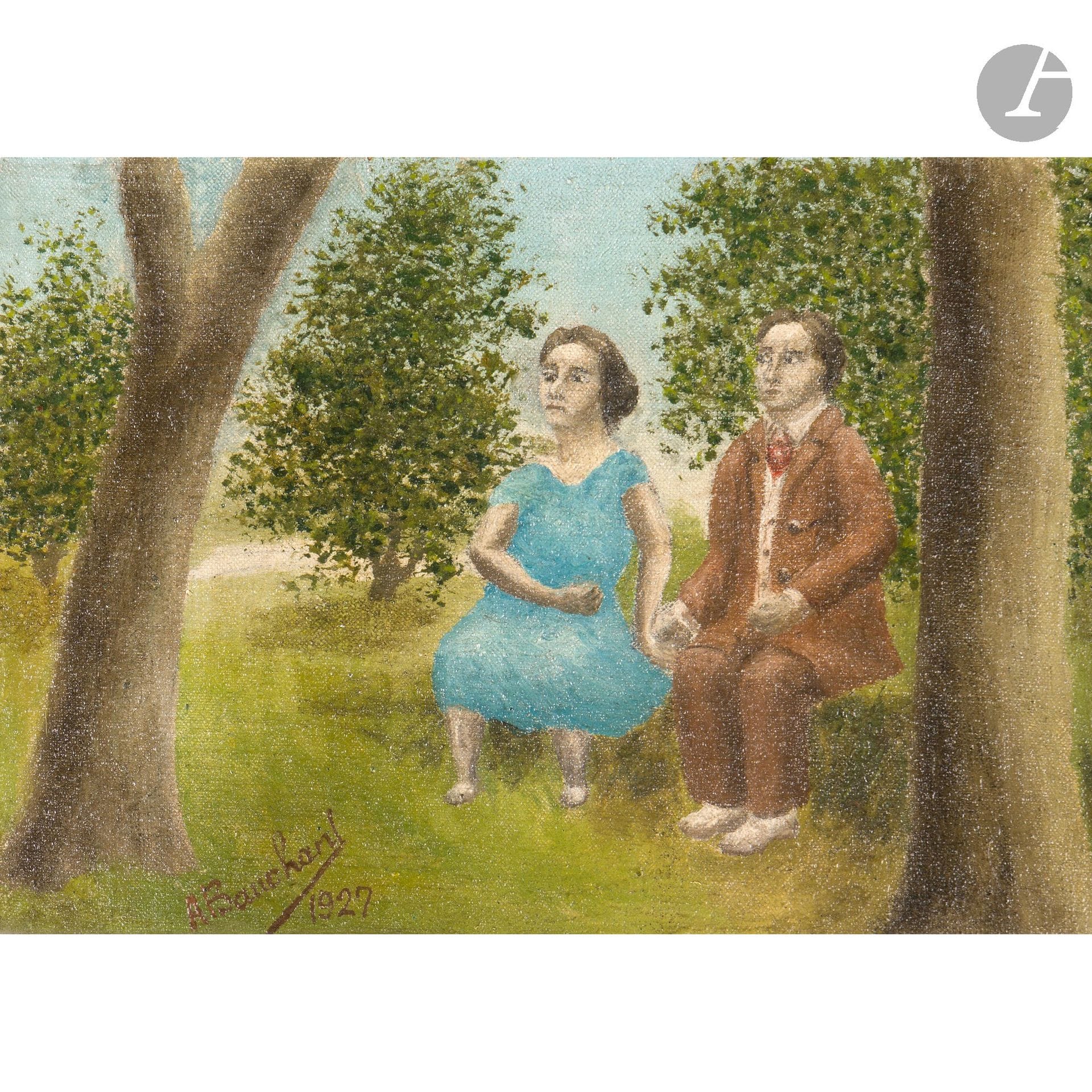 André BAUCHANT (1873-1958)
Le Couple, 1927
Huile sur toile contrecollée sur carton.
Signée et datée en bas à gauche.
19 x 26,5 cm