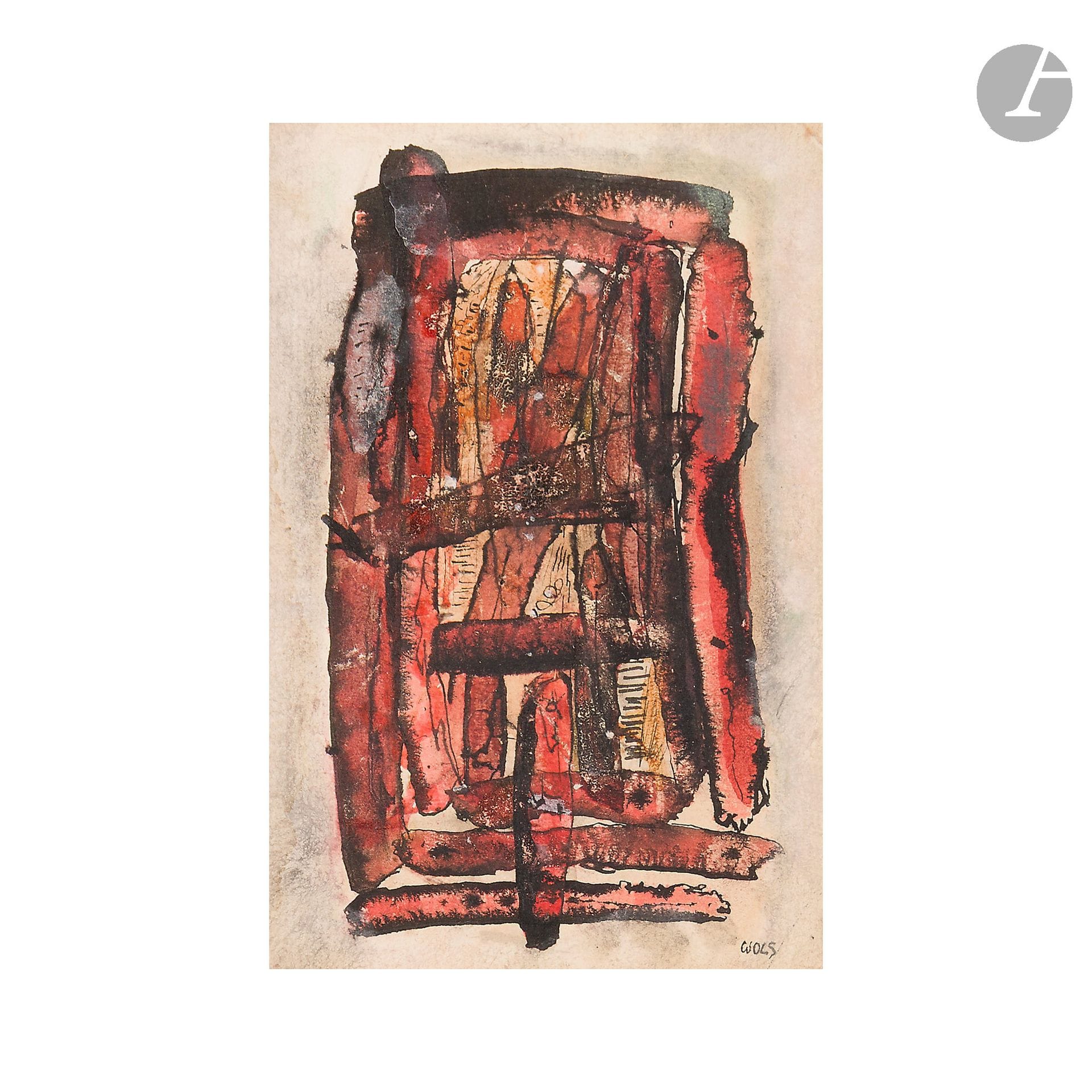 Alfred Otto Wolfgang SCHULZE dit WOLS (1913-1951)
D'un château en Auvergne, 1945
Aquarelle et lavis d'encre sur papier.
Signée en bas à droite.
15 x 10 cm

Expositions : 
- 12 Galeries Pilotes de Saint-Germain-des-Prés, Les Ateliers de l'Abbaye Saint-Germain des Prés, 3 mai - 24 mai 1971, Catalogue, n° 63, non paginé. 
- Wols, Musée d'Art Moderne de la Ville de Paris, décembre 1973 - février 1974, Propriétaire : " R. Drouin - Neuilly/seine " Mention manuscrite au dos. 
- René Drouin, Galeriste et éditeur d'art visionnaire, Le spectateur des arts, 1939-1962, Musée de l'Abbaye Sainte-Croix, Les Sables d'Olonne, 7 juillet - 7 octobre 2001, reproduit au catalogue, p. 87.

Bibliographie : 
Philipp Gutbord, Wols 1913-1951. Die Arbeiten auf Papier. Kommentiertes kritisches Werkverzeichnis, Heidelberg (Dissertation), 2003, n° A-594, reproduit.