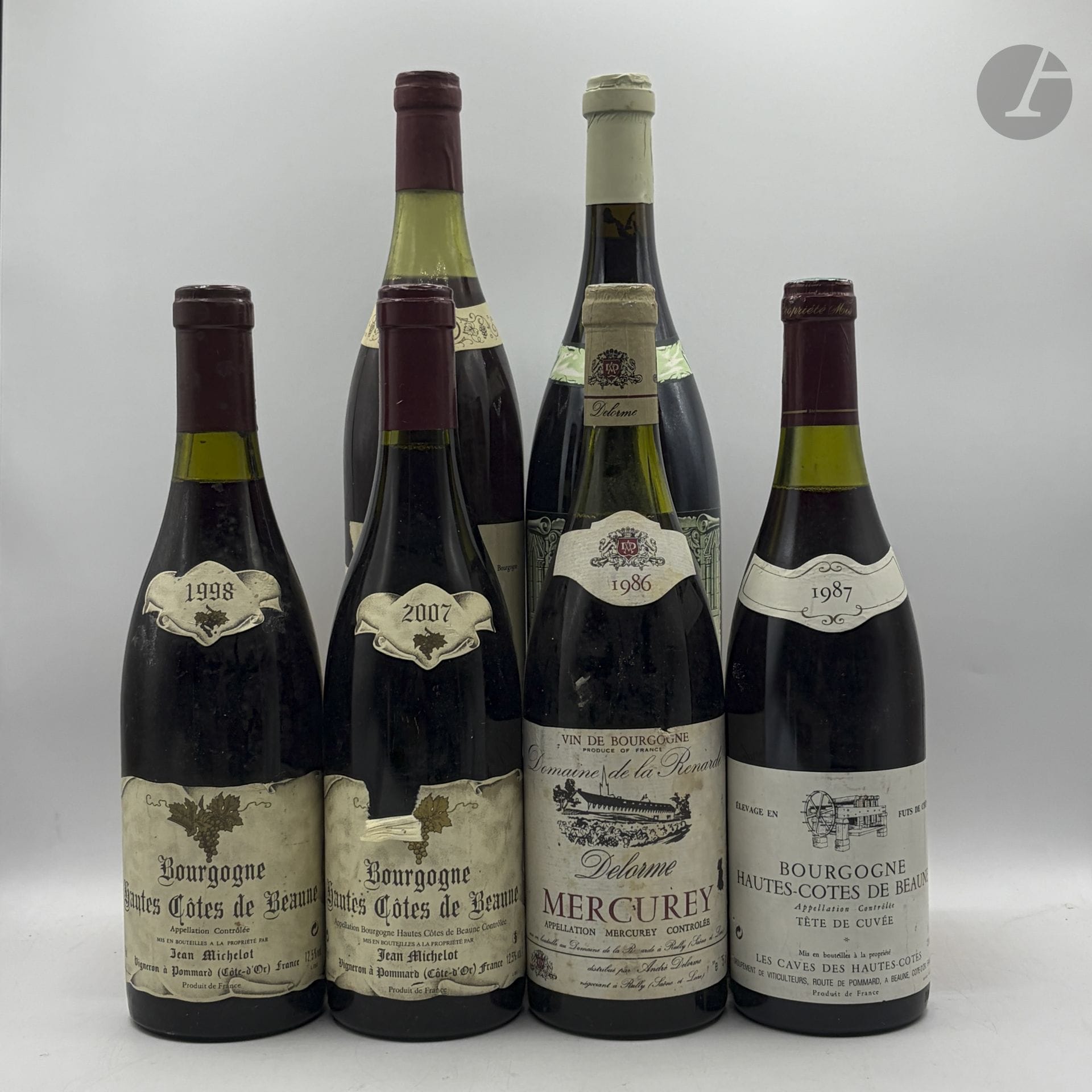 1 B BOURGOGNE HAUTES CÔTES DE NUITS Rouge, Domaine Claude Seguin, 1999
1 B BOURGOGNE HAUTES CÔTES DE BEAUNE Rouge, Domaine Jean Michelot, 2007
1 B BOURGOGNE HAUTES CÔTES DE BEAUNE Rouge, Domaine Jean Michelot, 1998
1 B BOURGOGNE HAUTES CÔTES DE BEAUNE Rouge (2,5 cm), Les Caves des Hautes Côtes, 1987
1 B BOURGOGNE Rouge (3,8 cm; e.t.a.), Domaine Arnoux P&F, 1976
1 B MERCUREY (3,5 cm; e.l.a.), Domaine de la Renarde, 1986