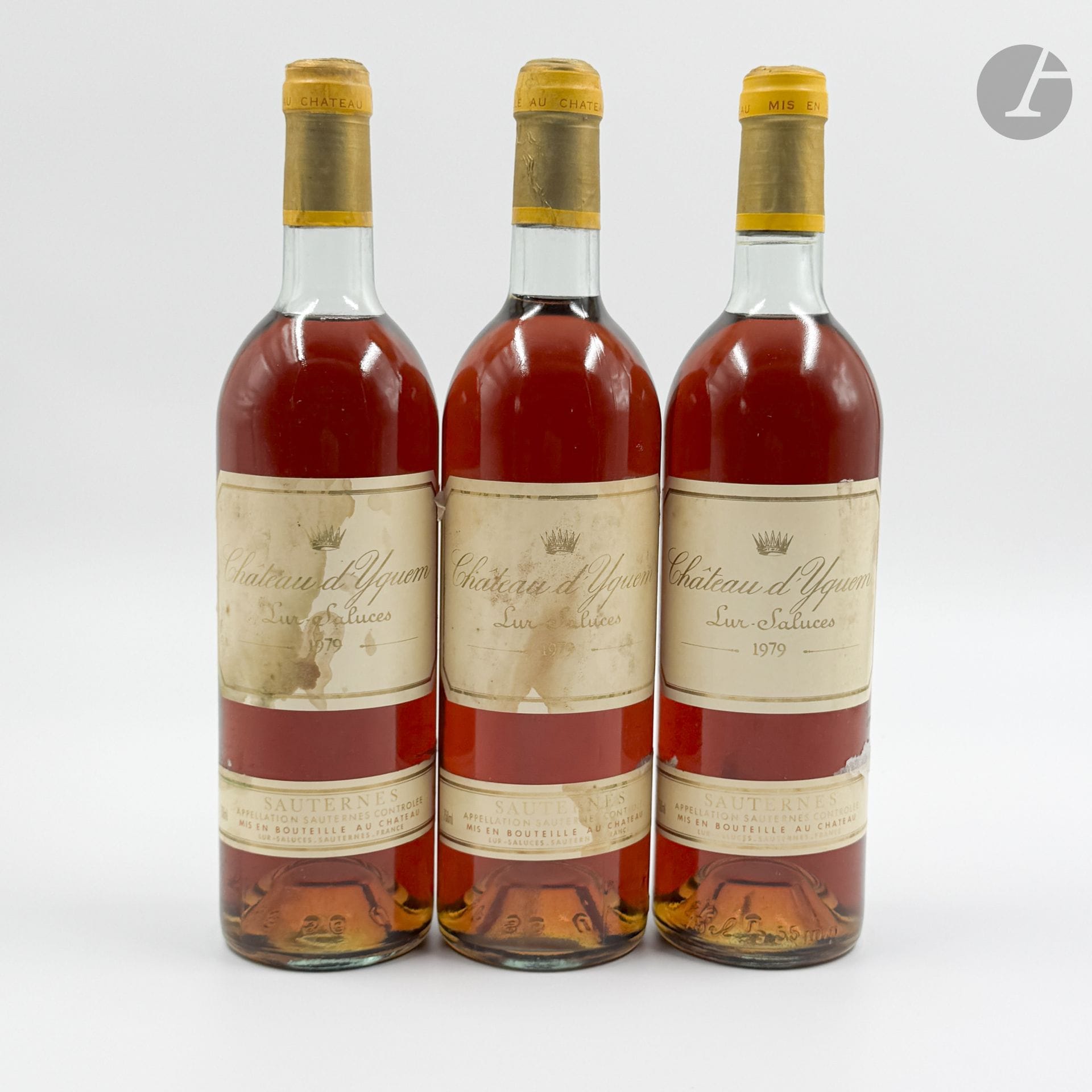 3 B CHÂTEAU D'YQUEM (1 B.G; 2 T.L.B; e.t.h; c.s. bombées), C1 Supérieur Sauternes, 1979