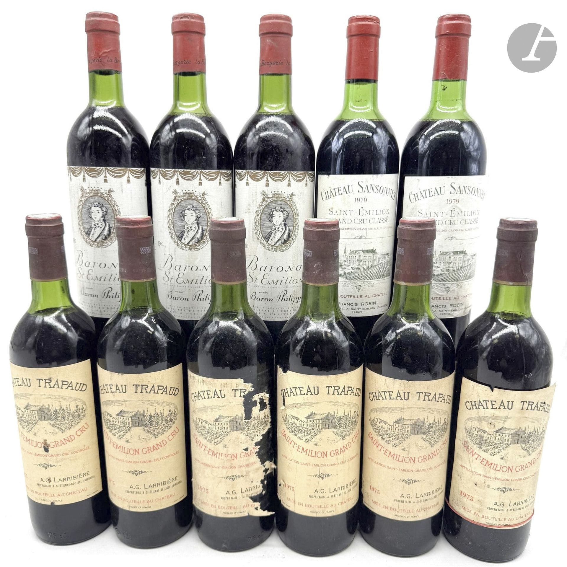 6 B CHÂTEAU TRAPAUD (1 T.L.B.+; 5 H.E.+; e.t.h. à e.t.a.), GC Saint-Emilion, 1975
3 B SAINT-EMILION BARONAT (2 T.L.B; 1 H.E.+; e.t.h.), Baron Philippe de Rothschild, 1981
2 B CHÂTEAU SANSONNET (H.E; e.t.h. à e.a.), GCC Saint-Emilion, 1979