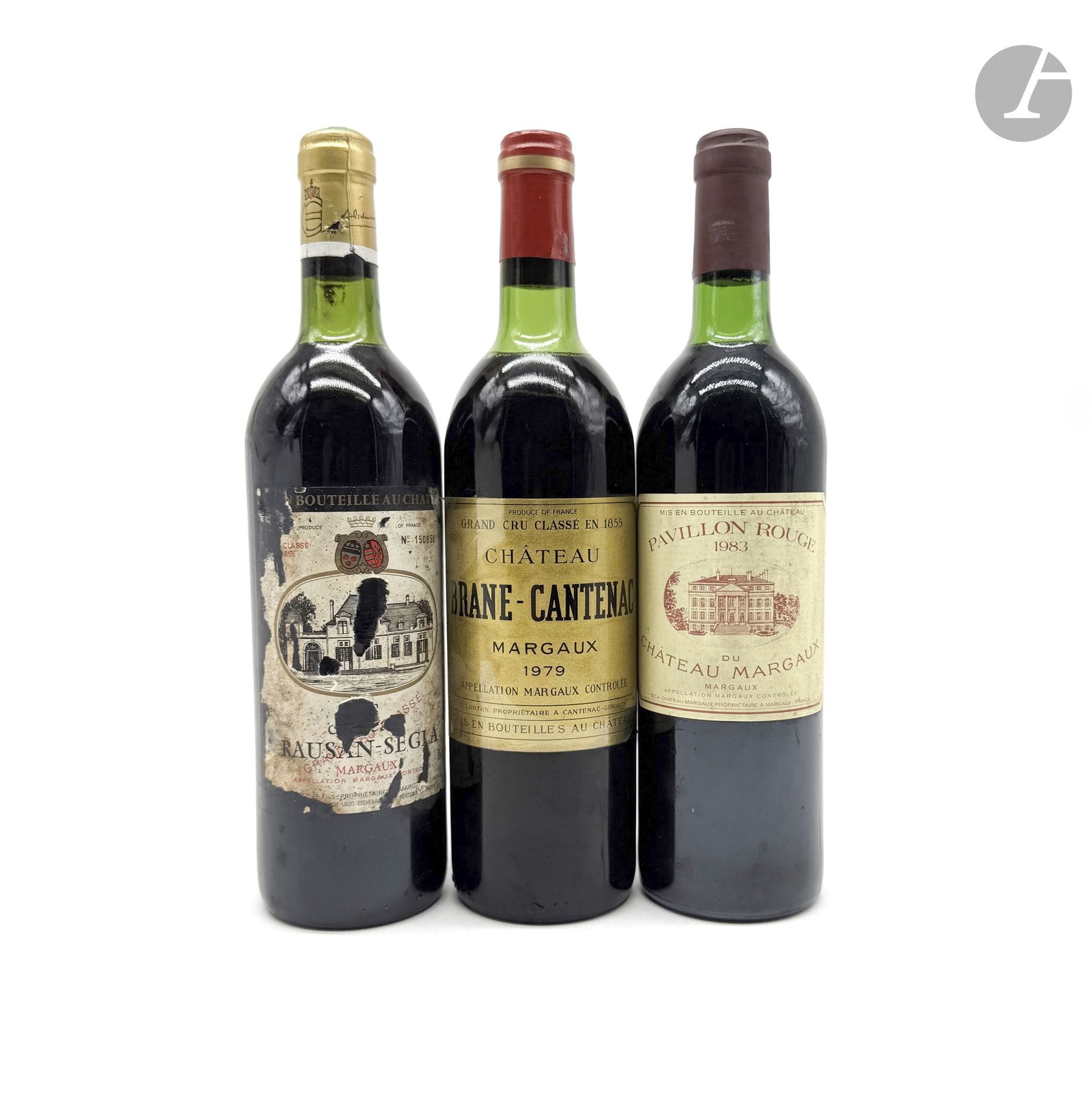 1 B PAVILLON ROUGE DU CHÂTEAU MARGAUX (T.L.B; e.t.h.), Margaux, 1983
1 B CHÂTEAU BRANE-CANTENAC (H.E.+), GCC2 Margaux, 1979
1 B CHÂTEAU RAUSAN-SÉGLA (T.L.B; e.q.i. avec le millésime partiellement lisible; c.a.), GCC2 Margaux, 1??2