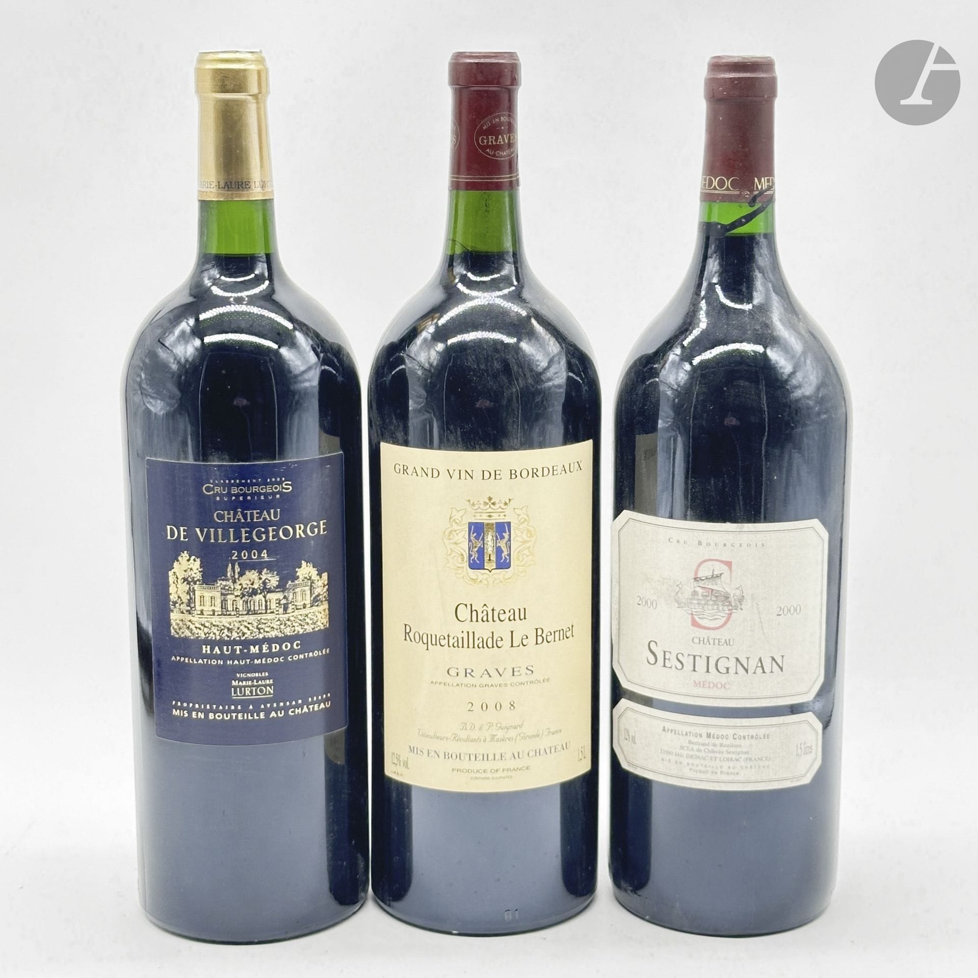 1 Mag CHÂTEAU DE VILLEGEORGE, Haut-Médoc, 2004
1 Mag CHÂTEAU SESTIGNAN (e.t.h.), Médoc, 2000
1 Mag CHÂTEAU ROQUETAILLADE LE BERNET (e.l.s.), Graves, 2008