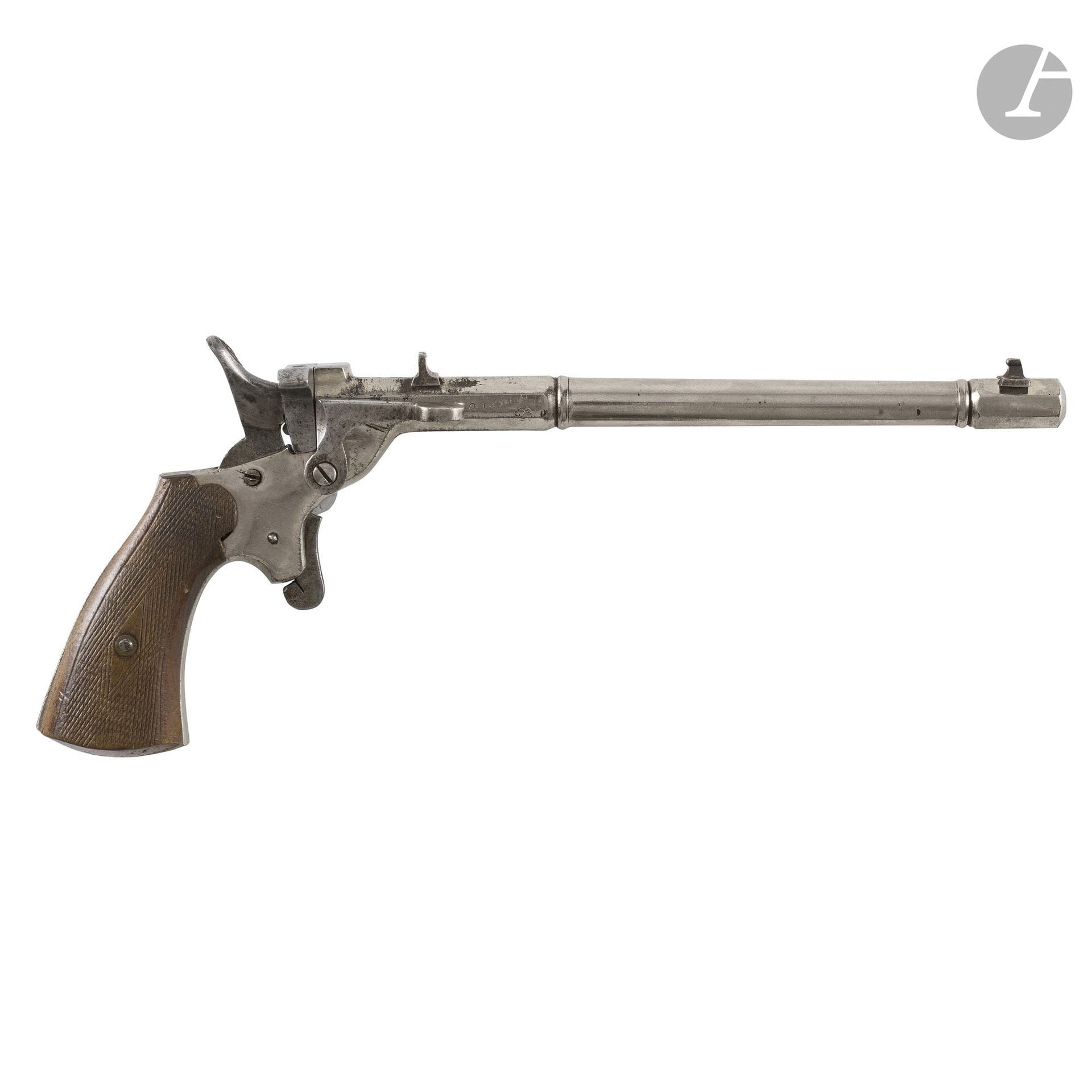 Long pistolet de cycliste, un coup, calibre 6 mm Flobert.
Canon rond et à pans. Détente éperon. Plaquettes de crosse en noyer quadrillé.
Longueur : 23 cm
A.B.E. Vers 1880.