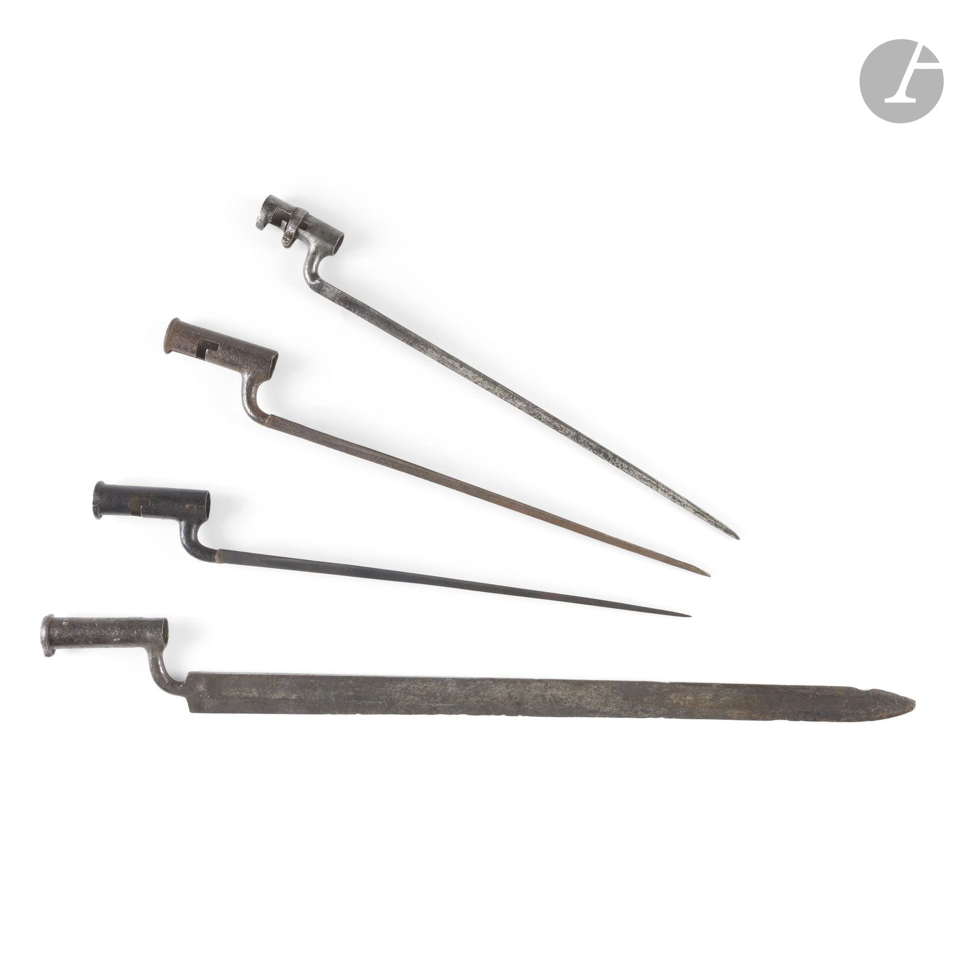 GREAT BRITAIN AND AUSTRIA.
Set of four bayonets, including two British Type 1750 and one Austrian Type 1807.
E.M. (Puncture marks; one ferrule missing).