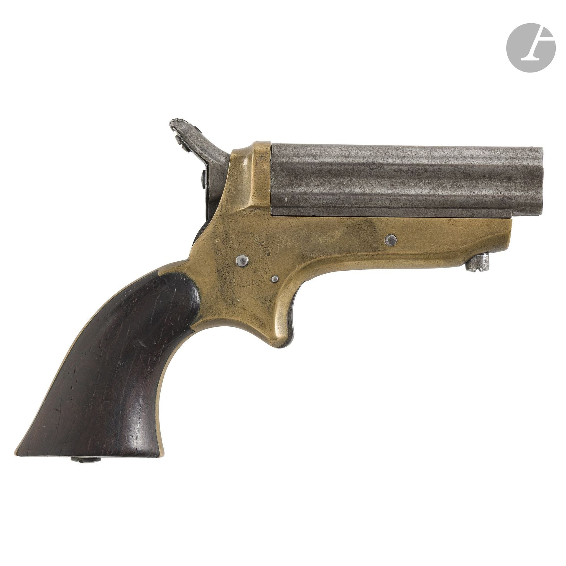 Sharps rimfire pistol, four-shot, .22 caliber.
Rotating firing pin.
Block of four barrels arranged in two stacks, sliding forward. Bronze frame marked on one side “G. SHARPS PATENT 1859” and on the other side, “G. SHARPS &amp; Co PHILADELPHIA PA.” Spur trigger. Walnut grip plates.
Barrel length: 6 cm 
Overall length: 12.9 cm
A.B.E. (Faded markings).
No. 25460.