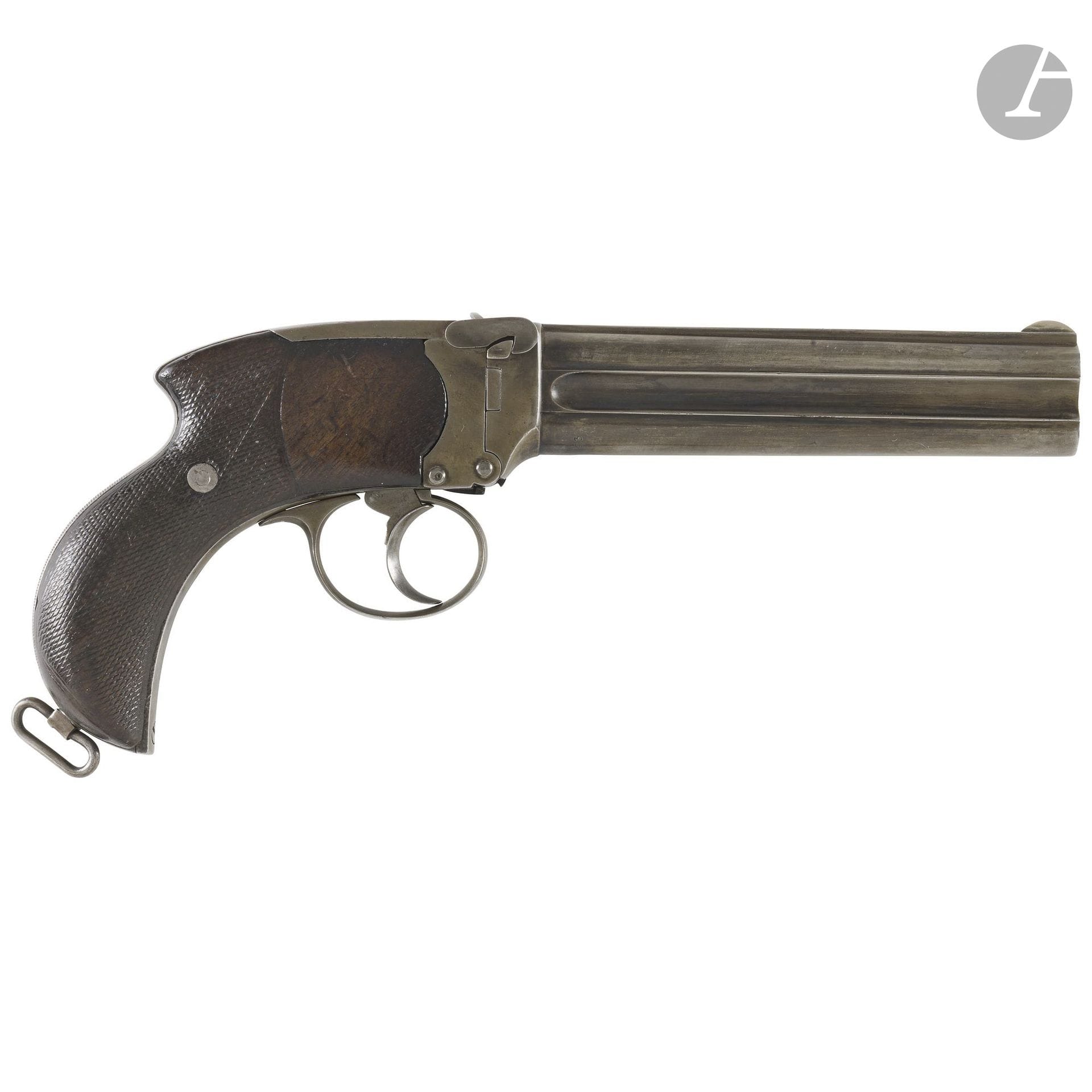 Lancaster pistol, two-shot, .455 caliber.
Round, double-barreled, downward-tilting barrel with extractor, engraved “CHARLES LANCASTER PATENT 151 NEW BOND ST LONDON,” stamped and engraved on the side “455 CF.” Walnut stock plates, partially checkered.
Barrel length: 16.3 cm 
Overall length: 28.2 cm
Condition: Re-patinated finish, engravings re-struck. Circa 1885.
No. 7946.

History:
Based on patents filed in 1881 and 1882 by Henry A. A. Thorn (successor to Charles William Lancaster), the company “Charles Lancaster &amp; Co.” began manufacturing double-barreled and single-barreled pistols.