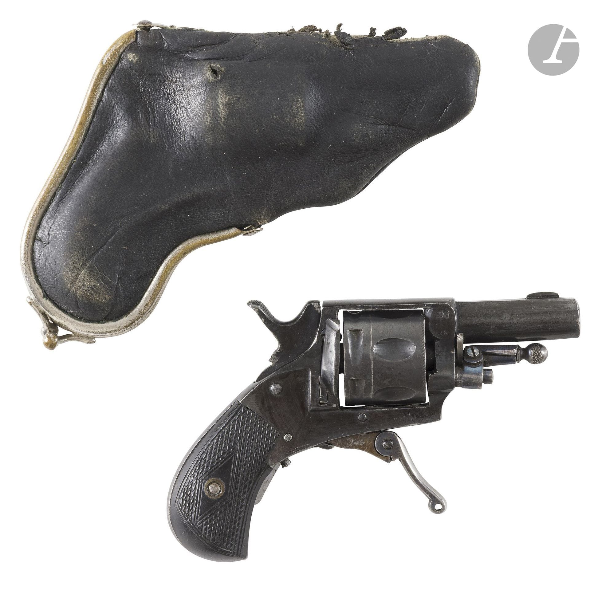 Bulldog revolver, six-shot, 5.5 mm caliber
Round, rifled barrel with flat sides on top. Closed frame. Hollowed-out cylinder. Recessed trigger. Checkered walnut grip plates.
Barrel length: 3.8 cm
Overall length: 11.2 cm
B.E. Blued finish. Circa 1880.
In its leather case with a wallet-style clasp.