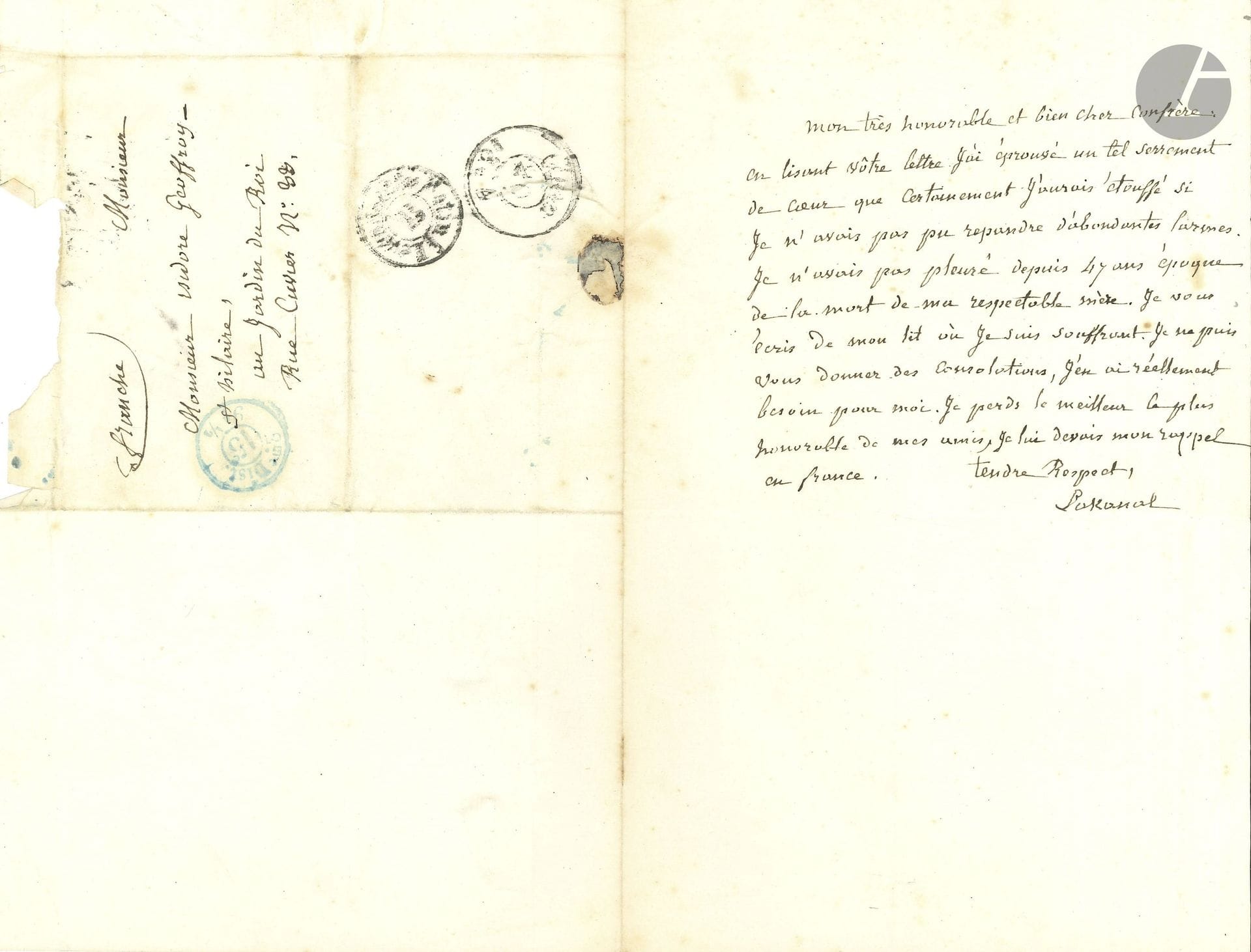 Joseph LAKANAL (1762-1845) homme politique, conventionnel (Ariège), organisateur de l’Instruction publique sous la Révolution. 2 L.A.S., 1803-[1844]; 1 page in-4 et demi-page in-8, adresses.

22 Brumaire XII [14 novembre 1803], à Nicolas Frochot, Préfet de la Seine, demande d’audience particulière pour une affaire «étroitement liée aux intérêts de la chose publique»; il rappelle ses titres: «de l’Institut de France, de l’Athénée de Paris, professeur à l’école centrale de la Rue St Antoine».
[20 juin 1844], à son confrère Isidore Geoffroy Saint-Hilaire. Condoléances pour la mort de son père, le naturaliste étienne Geoffroy Saint-Hilaire. Il a été si éprouvé en lisant sa lettre que «certainement j’aurais étouffé si je n’avais pas pu répandre d’abondantes larmes. Je n’avais pas pleuré depuis 47 ans époque de la mort de ma respectable mère». Souffrant, il écrit depuis son lit et est inconsolable: «Je perds le meilleur le plus honorable de mes amis, je lui devais mon rappel en France»... [C’est grâce à ses démarches que Lakanal avait pu rentrer en France après un exil de 22 ans en Amérique.]
On joint une plaquette Vie et Œuvres de Joseph Lakanal et une enveloppe 1er jour du timbre à son effigie (2 juin 1962).