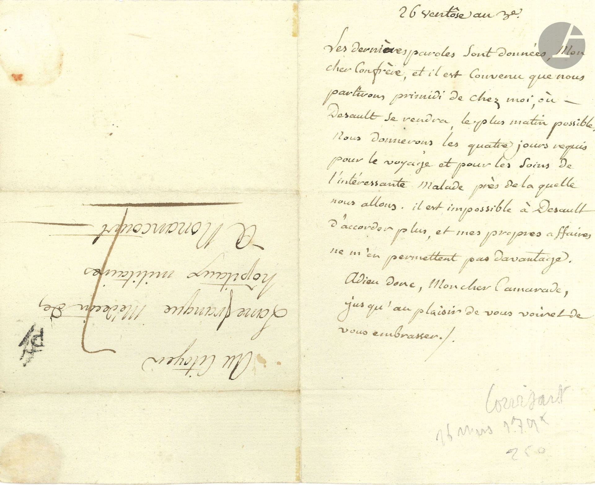 Jean-Nicolas CORVISART (1755–1821), physician. L.A., 26 Ventôse III (March 16, 1795), to Citizen Lanefranque, physician at the military hospitals in Nonancourt; 1 page, in-8 format, addressed.

They will leave from his home early in the morning with Desault. “We will allow the four days required for the journey and for the care of the patient we are going to see. It is impossible for Desault to grant more time, and my own affairs do not allow me to do so either”…
Included is an interesting collection of letters from Dr. Alexandre Aguettant (1815–1870) to Ferdinand Hérold, 18 letters, Romainville 1869–1870; plus an autograph letter from Antoine Becquerel (1864).