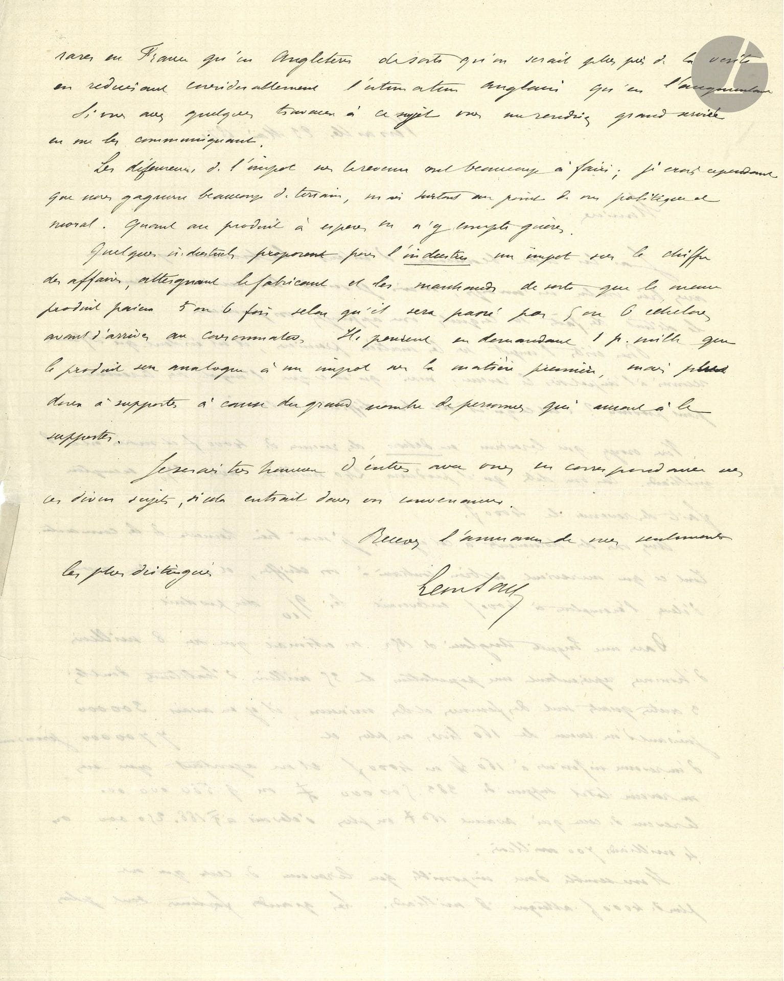 Léon Say (1826–1896), politician and economist. 7 letters, 1871–1890; 9 pages, in-4 or in-8 format, some on Ministry of Finance letterhead (portrait enclosed).

May 23, 1871: a long letter regarding taxes on raw materials, income, and industry… – 1878–1879: 3 letters to Juliette Adam. – November 19, 1889, thanking a colleague for his “expression of esteem and friendship,” and the short speech “that touched me and delighted me”… Etc.