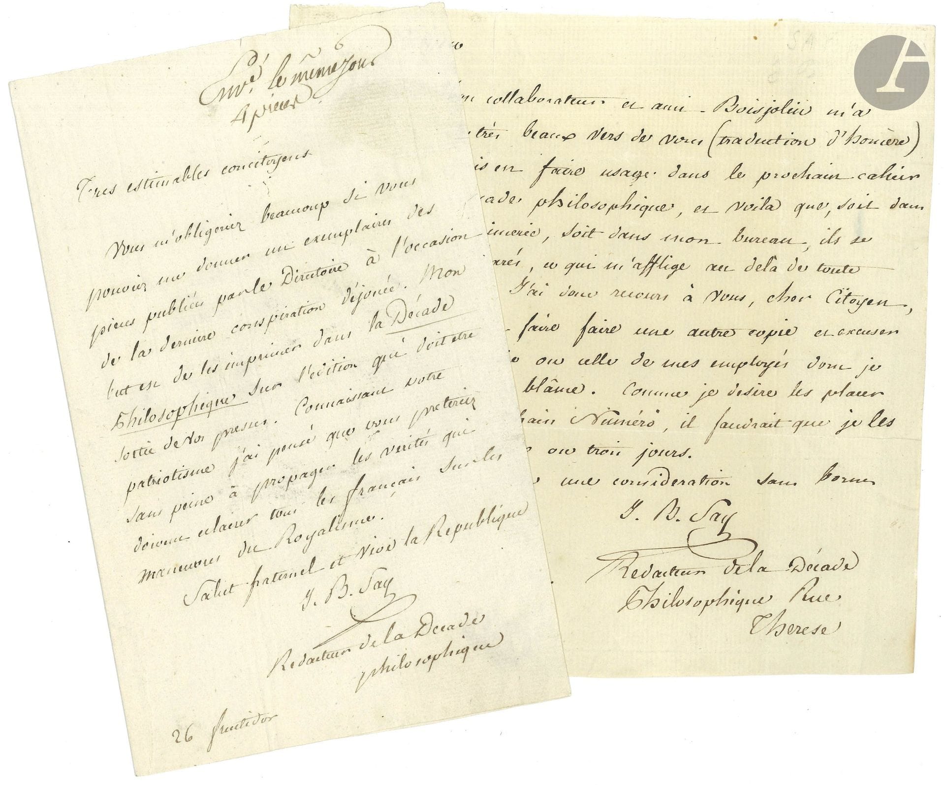 Jean-Baptiste SAY (1767-1832). 3 L.A.S., Paris 1797-1799, à divers; 4pages et demie in-8 ou in-4, 2 adresses.

Comme rédacteur de la Décade philosophique.
26 fructidor, aux Citoyens directeurs de l’Envoi des Lois: il prie de lui envoyer «un exemplaire des pièces publiées par le Directoire à l’occasion de la dernière conspiration déjouée. Mon intention est de les imprimer dans la Décade Philosophique sur l’édition qui doit être sortie de vos presses»; il compte sur leur patriotisme pour «propager les vérités qui doivent éclairer tous les français sur les manœuvres du Royalisme». – 18 floréal, 7 mai 1797, à Paul Ustery médecin à Zurich, à propos du paiement du dernier trimestre de la Décade Philosophique qui n’a pas été effectué par M. Luc Preiswerk de Bâle. Il hésite à lui envoyer en commission des exemplaires des Mémoires de Gibbon, ne sachant comment rentrer en possession des exemplaires non vendus et rappelle qu’il bénéficie chez lui d’une remise de 25%. – 1er prairial VII (20 mai 1799): les vers (traduction d’Homère) de son correspondant, qu’il veut publier dans le prochain cahier de la Décade Philosophique, ont été égarés «soit dans mon imprimerie, soit dans mon bureau»; il prie d’en «faire faire une autre copie en excusant mon étourderie ou celle de mes employés dont je dois porter le blâme»…